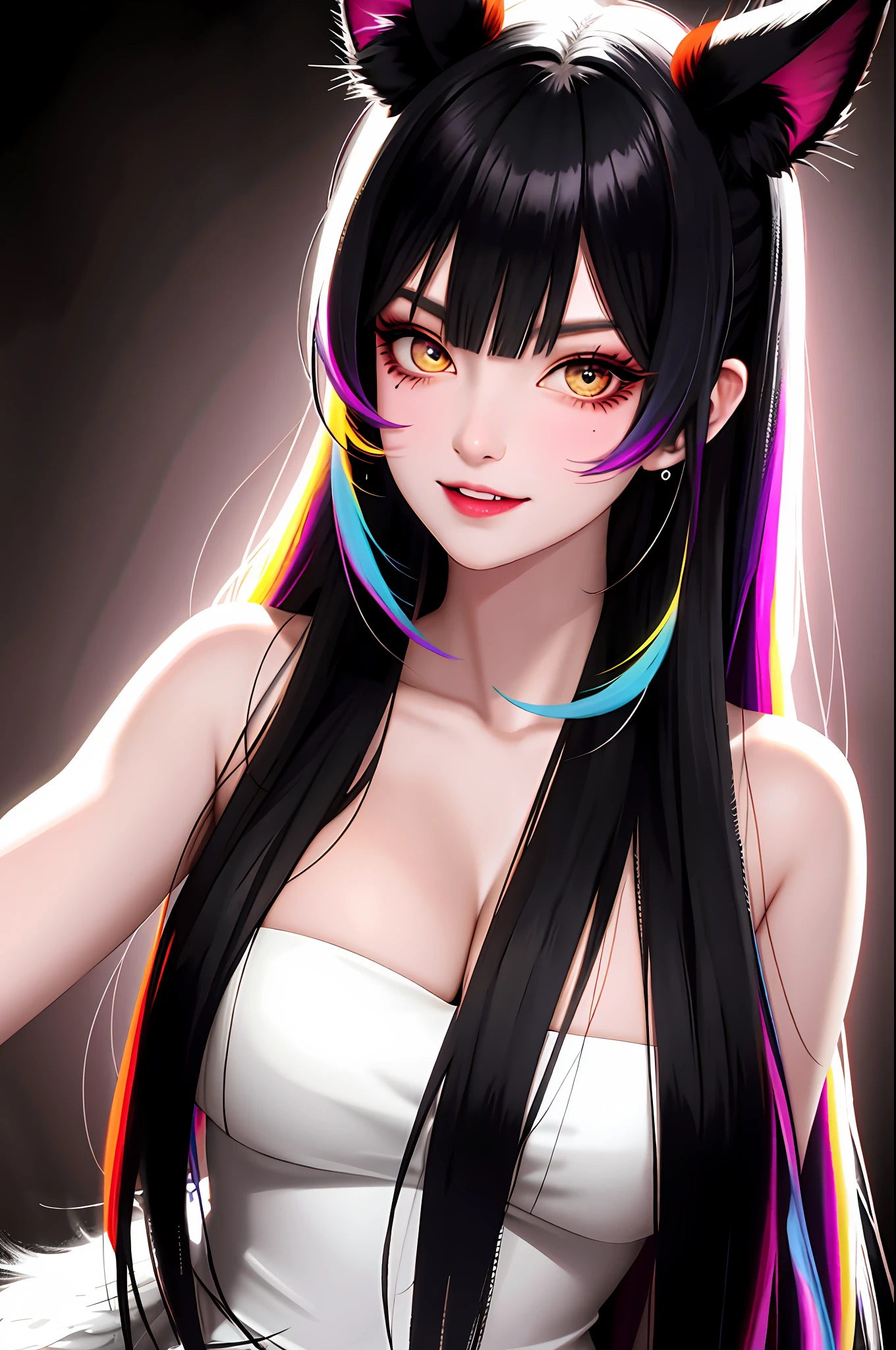 black hair, hair bobbles, wince, longeyelashes, solid circle eyes, fake animal ears, light smile, ear blush, fang, multicolored hair, mole under eye, Surrealism, drop shadow, anaglyph, stereogram, tachi-e, pov, atmospheric perspective, depth of field, film grain, rococo style, 8k, super detail, ccurate, best quality