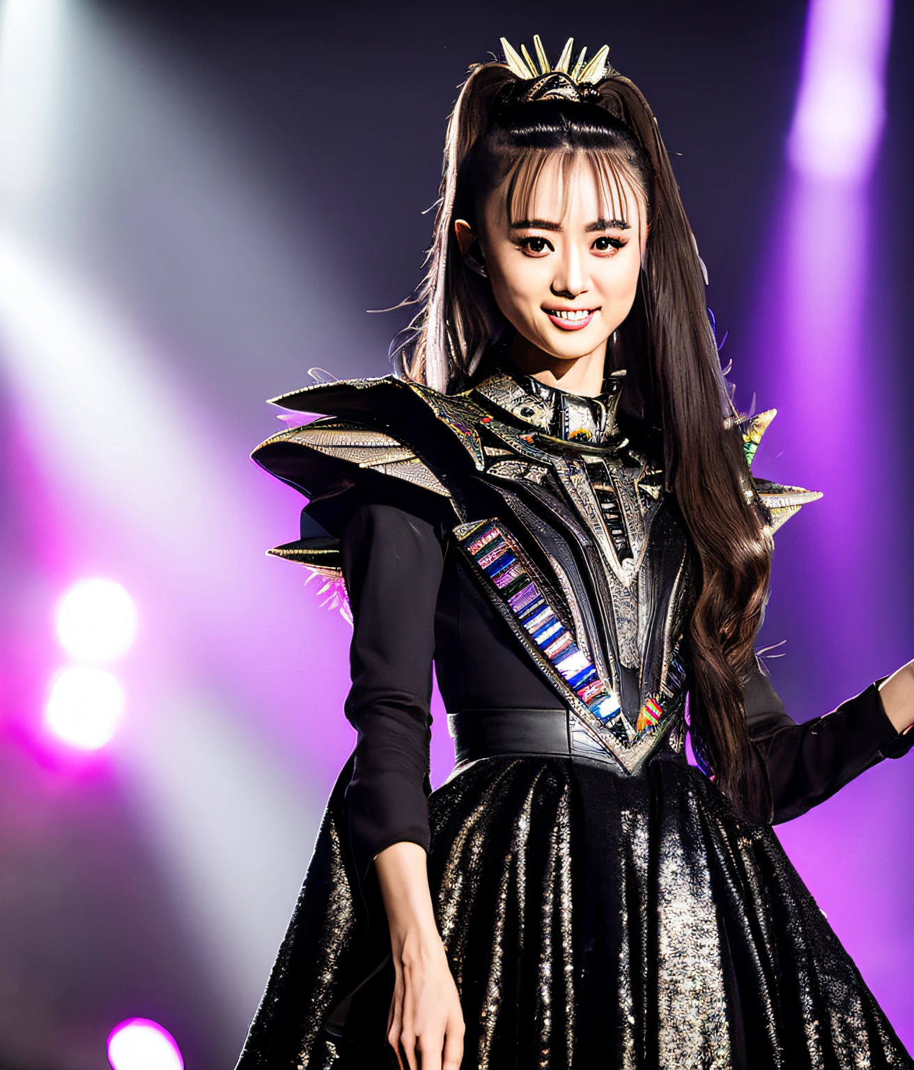 RAW photo, hyper real photo of moametal japanese woman with with twintails hair in black dress with iridescent reflections sequined outfit that glimmers in the light, open chest, futuristic gothic style, black lether and steel studs, space galaxy in background, metal rock music concert, heavy metal style, pixiv contest winner, precisionism, official art, high resolution, uhd image, best quality masterpiece, photorealistic, detailed, 8k, HDR, shallow depth of field, broad light, high contrast, dark background with ancient temple, old stone statues of fox god, backlighting, bloom, light sparkles, chromatic aberration, sharp focus, RAW color photo, film still, Film-like, bokeh, 3d, cinematic lighting, 8k resolution, Nikon 85mm, Award Winning, Glamour Photograph, extremely detailed, high quality, film grain