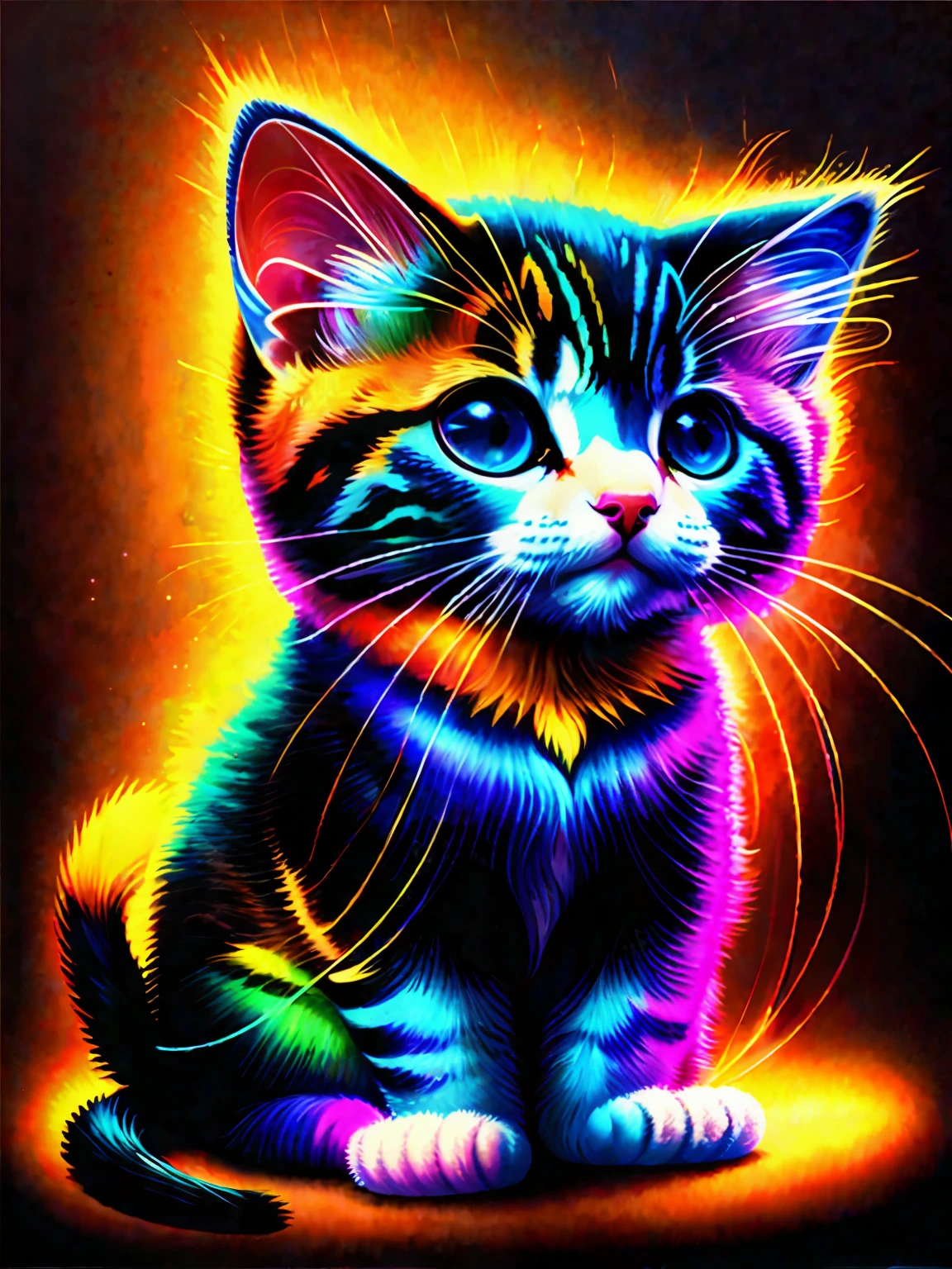 a painting of a colorful kitten on a black background,, breathtaking rendering, within a radiant connection, inspired by Kinuko Y. Craft,, magical elements, kitten icon, wow, is beautiful, casting a multi colorful spell, bright flash, flash