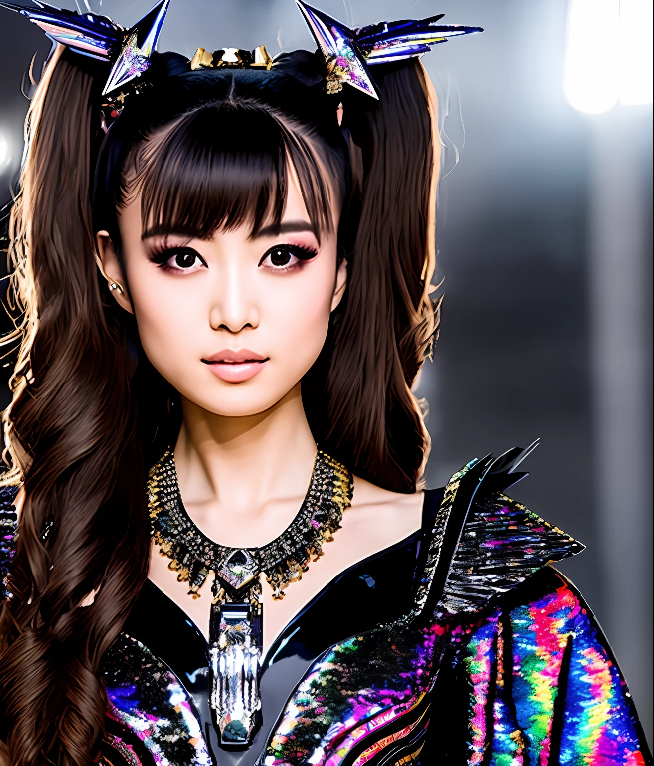 RAW photo, hyper real photo of moametal japanese woman with with twintails hair in black dress with iridescent reflections sequined outfit that glimmers in the light, open chest, futuristic gothic style, black lether and steel studs, space galaxy in background, metal rock music concert, heavy metal style, pixiv contest winner, precisionism, official art, high resolution, uhd image, best quality masterpiece, photorealistic, detailed, 8k, HDR, shallow depth of field, broad light, high contrast, dark background with ancient temple, old stone statues of fox god, backlighting, bloom, light sparkles, chromatic aberration, sharp focus, RAW color photo, film still, Film-like, bokeh, 3d, cinematic lighting, 8k resolution, Nikon 85mm, Award Winning, Glamour Photograph, extremely detailed, high quality, film grain