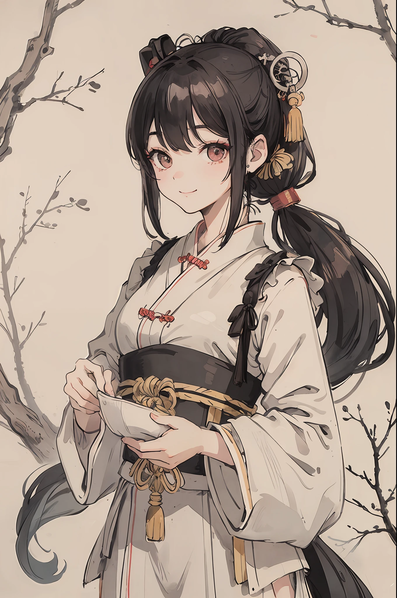 (masterpiece, best quality: 1.2), traditional Chinese ink painting, A cute 24 year old female, Ultra-detailed face, Detailed eyes, Double eyelid, Coy Smile, blackhair, poneytail