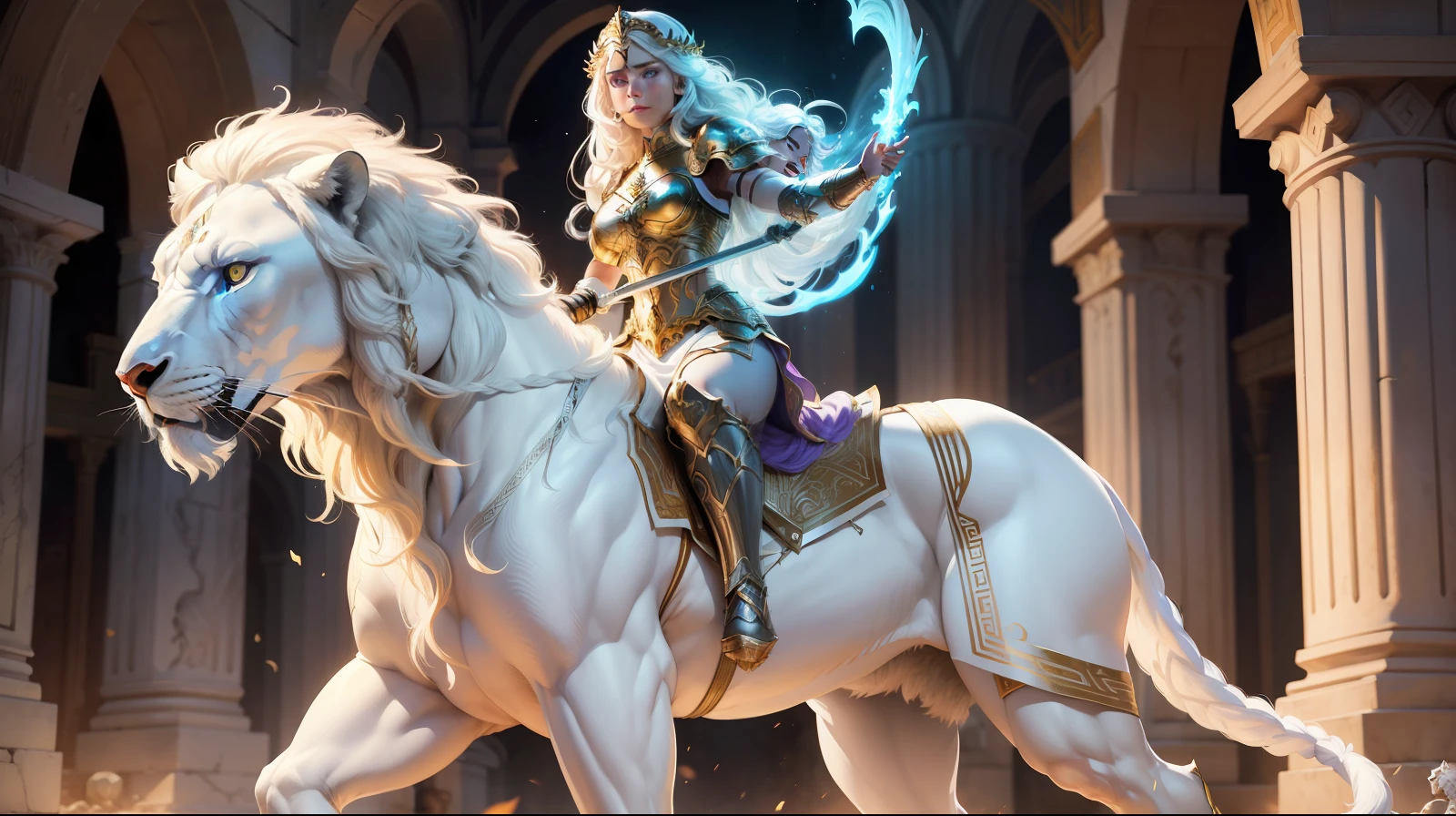 arafed image of a greek goddess riding a white lion, graphic artist magali villeneuve, lion warrior, magali villeneuve', paladin woman costume, by Magali Villeneuve, inspired by Magali Villeneuve, legend of the crypts, by Zeen Chin, high quality fantasy art, white armor, portrait of female paladin
