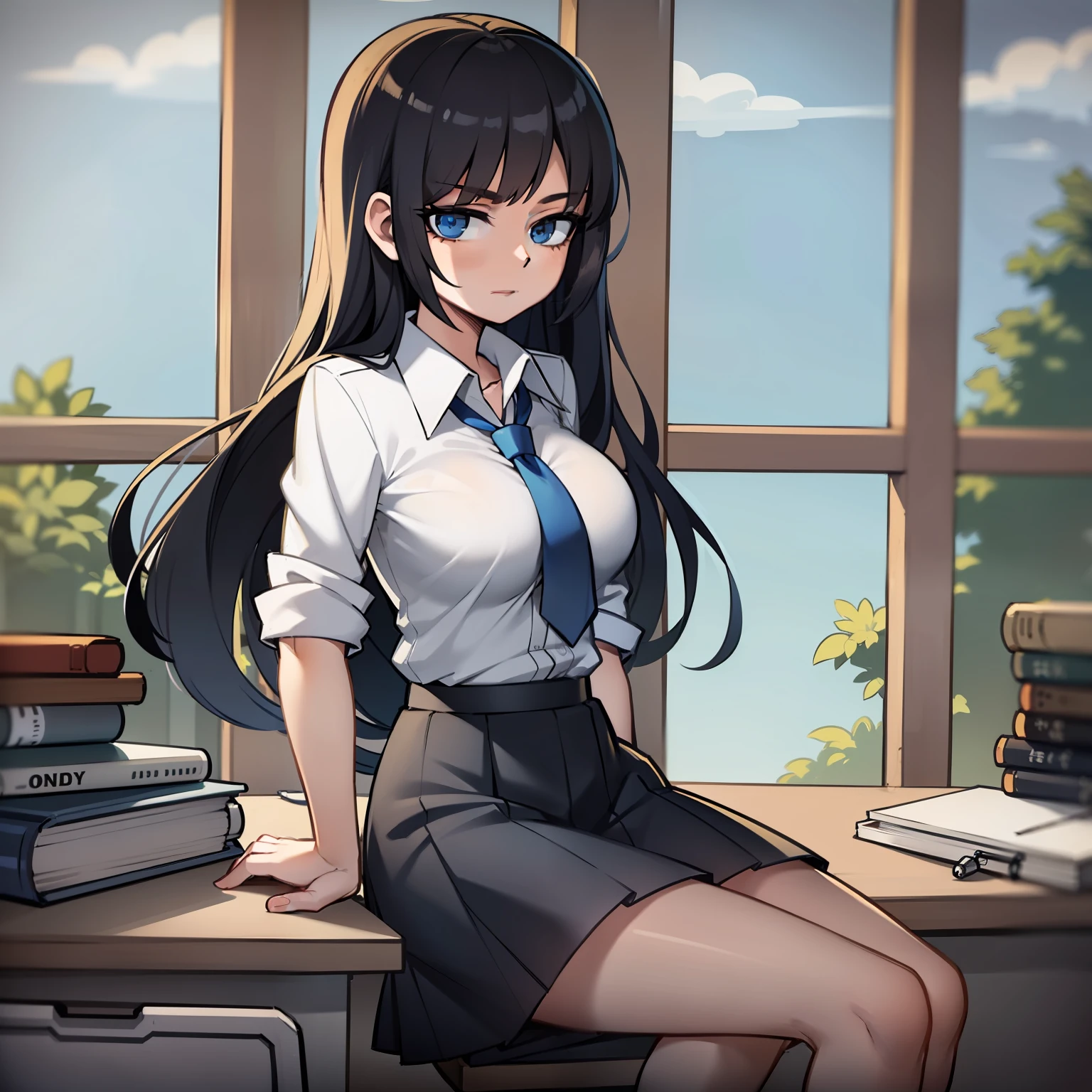 girl, school uniform, very short skirt, very big tits, fair skin, random birthmarks, long straight black hair, blue eyes, sitting at her desk, looking away, front view