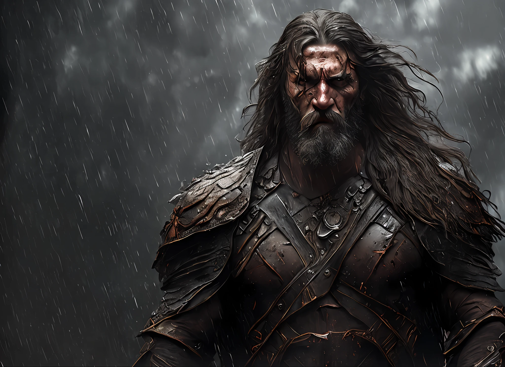 (Cinematic Photo:1.3) of (Ultra detailed:1.3) photo of the most beautiful artwork in the world featuring soft lustrous, ((epic heroic fantasy muscular rugged wet wounded hero man angry looking with long hair and long beard and fierce looking in a dynamic posture)), chest, full face,(dark background:1.4) (epic realistic, hdr, intricate details, hyperdetailed, cinematic, rim light, muted:1.5), ((fantastic location, majestic cluttered environment)), skin pores, very dark lighting, heavy shadows, detailed, detailed face, (photo realistic, dramatic, dark, sharp focus, 8k), (weathered damaged old worn leather outfit:1.5), (intricate:1.4), decadent, (highly detailed:1.4), octane render, sharp focus, heavy rain, particles floating, (Cinemacolor:1.3)