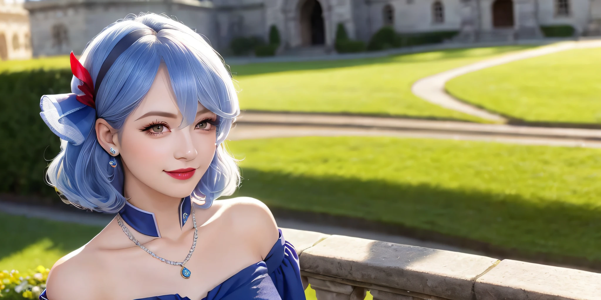 standing in front of castle, smile, necklace, earrings, full body, short blue hair, queen dress, superb, ultra-high-definition, RAW photo, realism: 1.25), (bright lip gloss, long eyelashes, smooth face , bright skin, natural shadows, wide light, wide light, depth of field, strong colors, subtle caustics: 0.8), smile, (big tits), v6