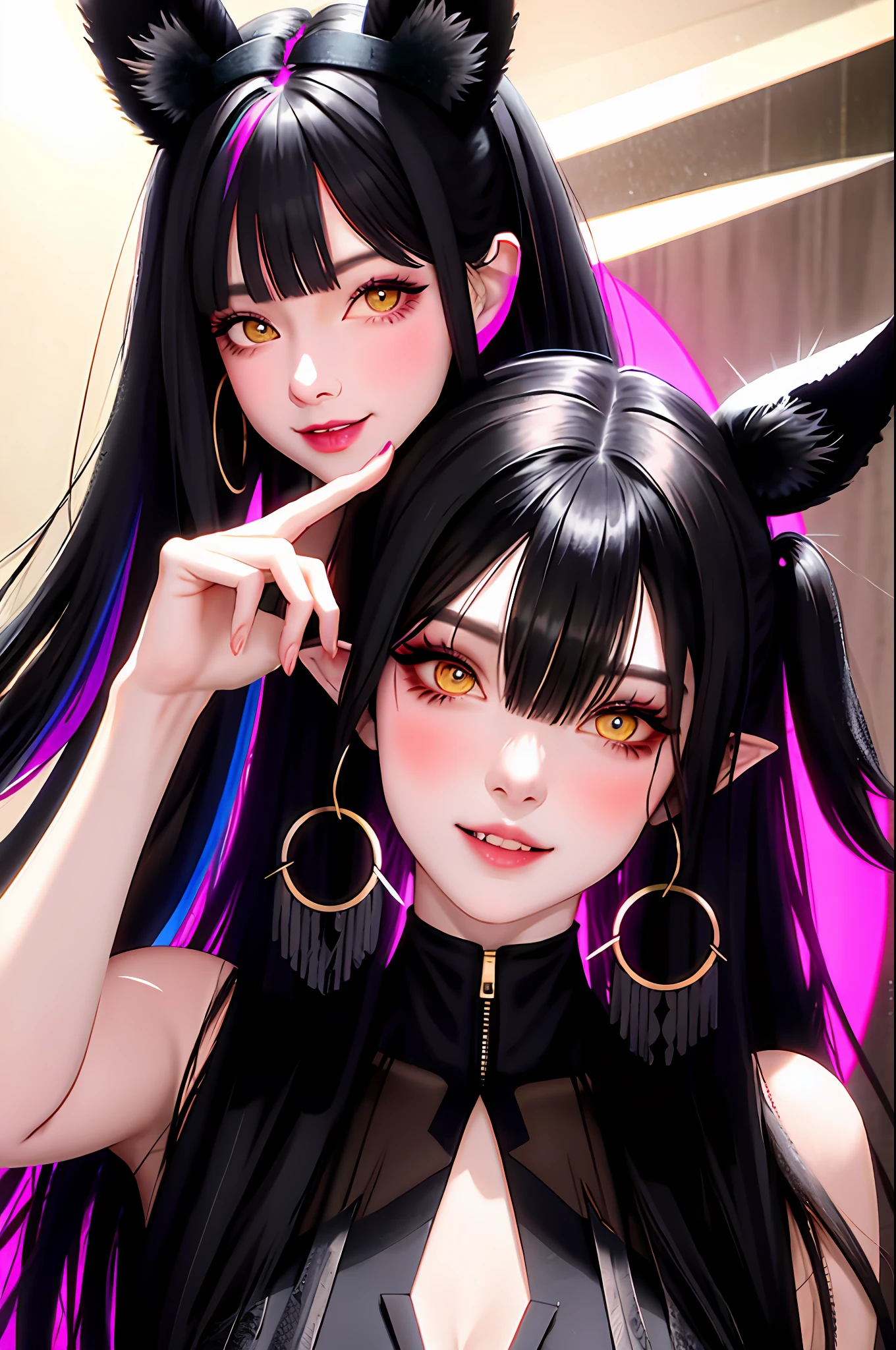 black hair, hair bobbles, wince, longeyelashes, solid circle eyes, fake animal ears, light smile, ear blush, fang, multicolored hair, mole under eye, Surrealism, drop shadow, anaglyph, stereogram, tachi-e, pov, atmospheric perspective, depth of field, film grain, rococo style, 8k, super detail, ccurate, best quality