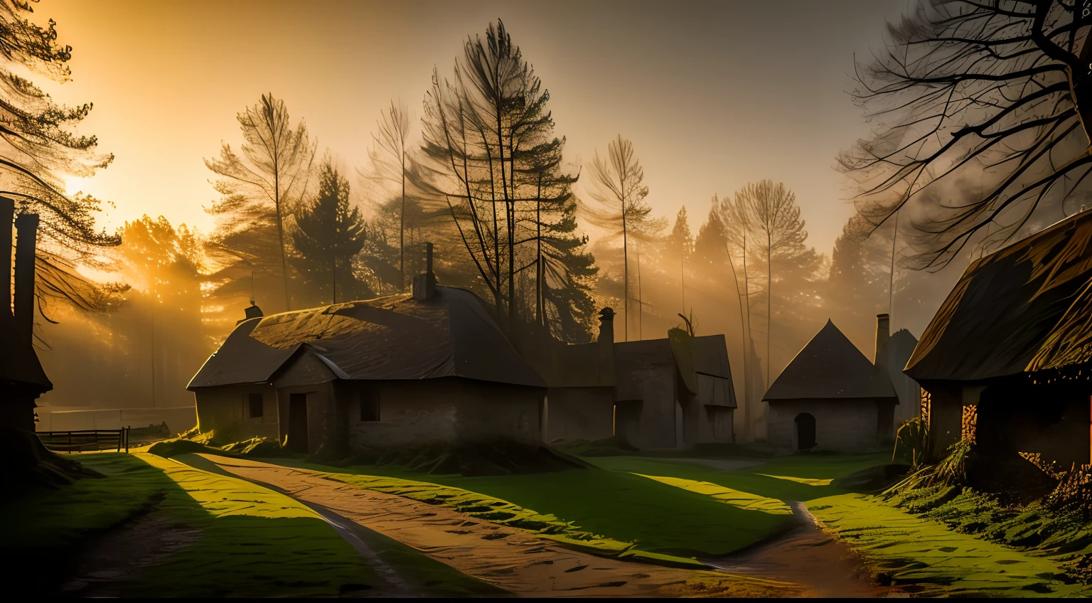 realistic dark oil painting of a medieval village at sunrise, mossy, mist, foggy, shadows, misterious, mithical, dark, rays of light shines trough the woods, ambient, depth of field, volumetric lighting, cinematic lighting, moody, heavy darkness, black sky, low angle perspective, style: Abstract expressionism