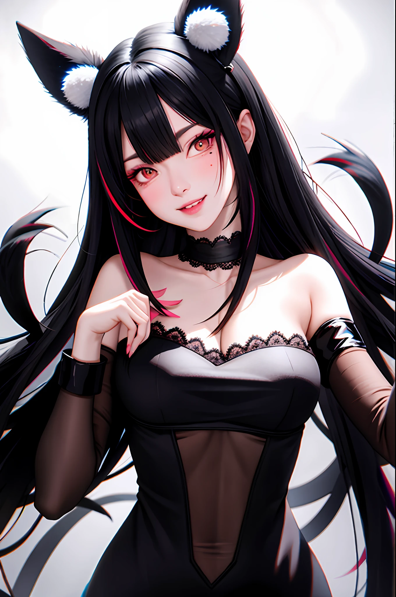 black hair, hair bobbles, wince, longeyelashes, solid circle eyes, fake animal ears, light smile, ear blush, fang, multicolored hair, mole under eye, Surrealism, drop shadow, anaglyph, stereogram, tachi-e, pov, atmospheric perspective, depth of field, film grain, rococo style, 8k, super detail, ccurate, best quality