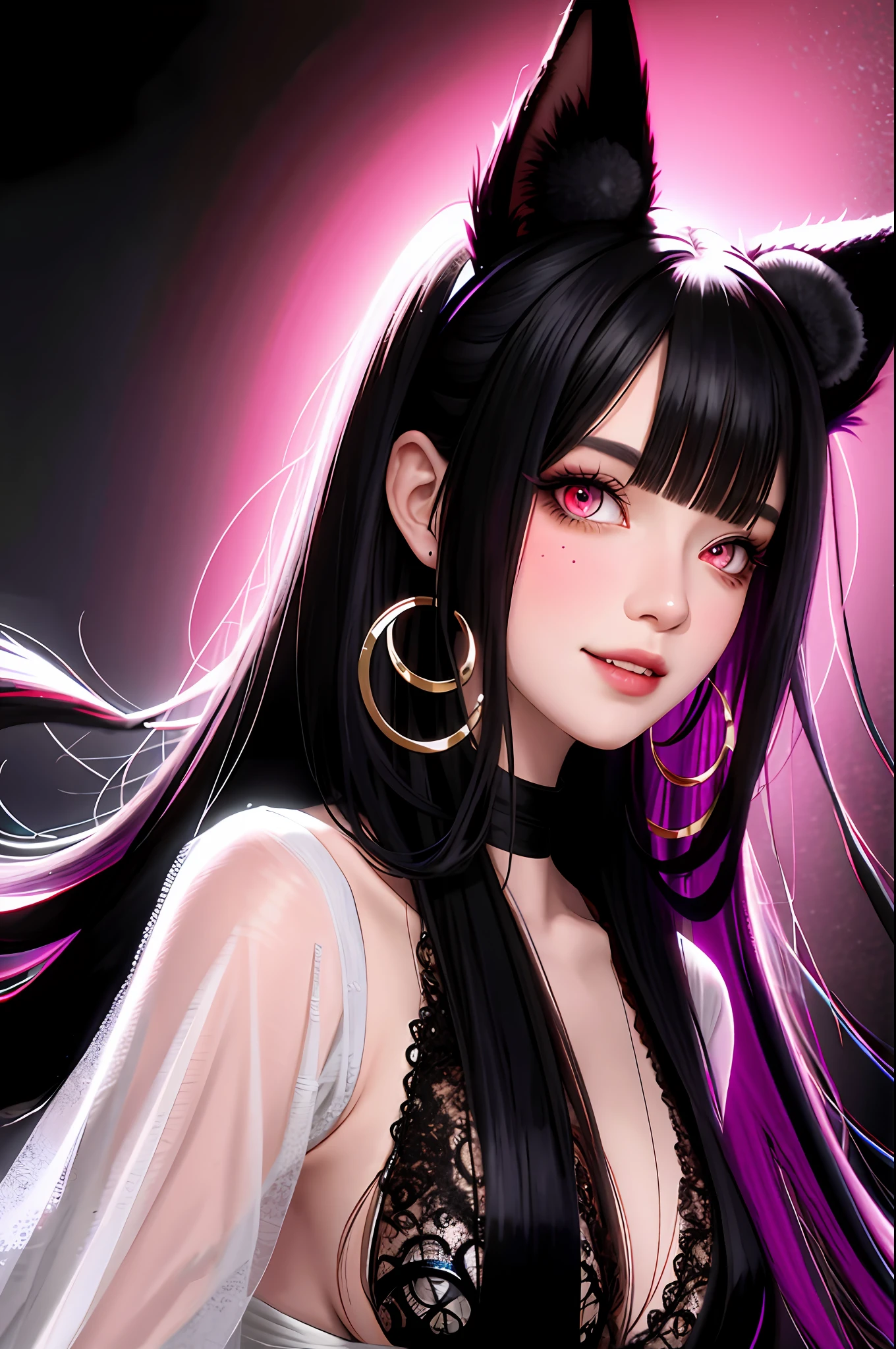black hair, hair bobbles, wince, longeyelashes, solid circle eyes, fake animal ears, light smile, ear blush, fang, multicolored hair, mole under eye, Surrealism, drop shadow, anaglyph, stereogram, tachi-e, pov, atmospheric perspective, depth of field, film grain, rococo style, 8k, super detail, ccurate, best quality