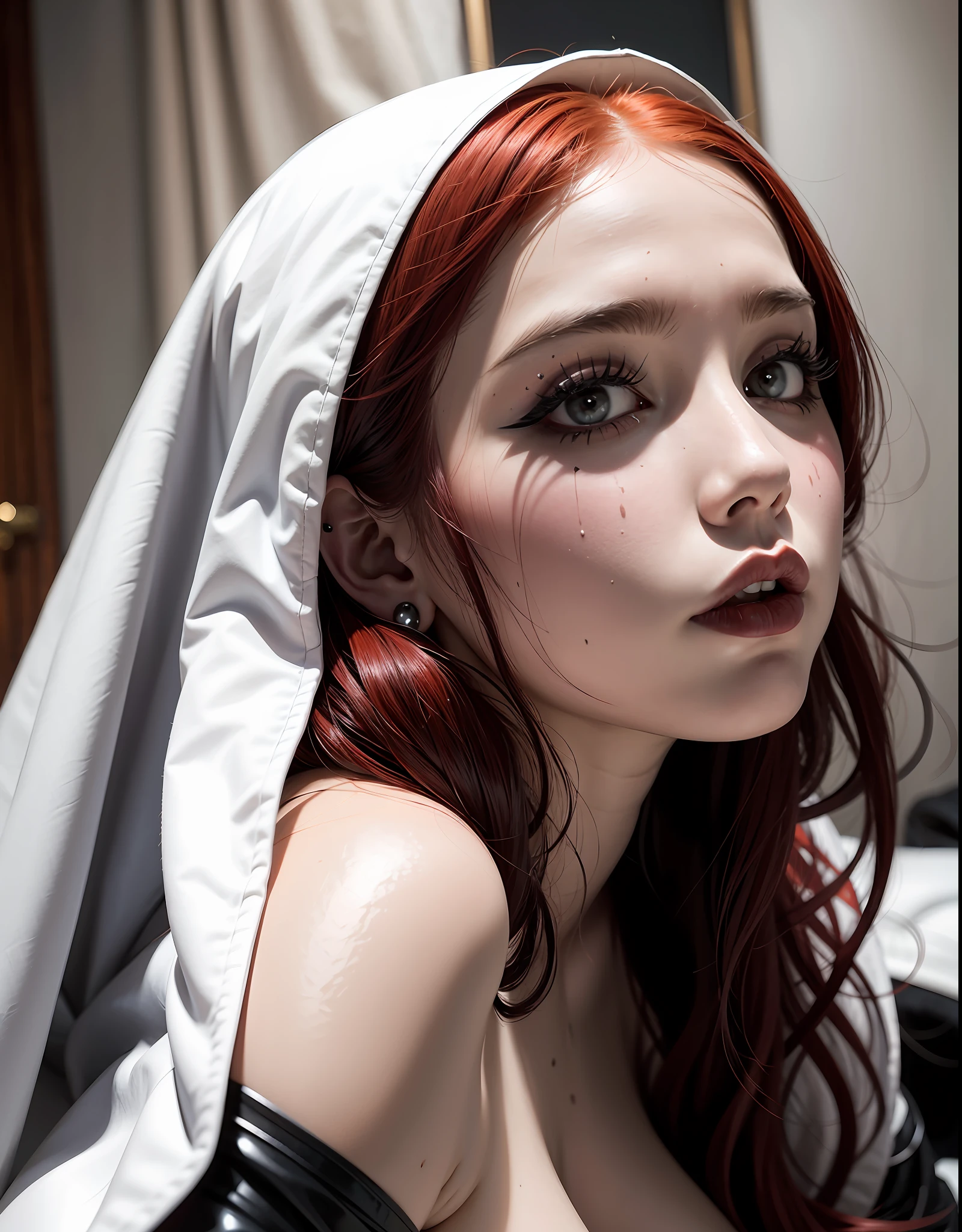 Pale young goth girl, (red hair) black hair, sexy look, seductive, ((thick black eyeliner)), ((goth makeup)) white and blue blanket, close up, topless, exposed breasts, chubby, fat, exposed torse, exposed shoulders, sweaty, wet, messy hair