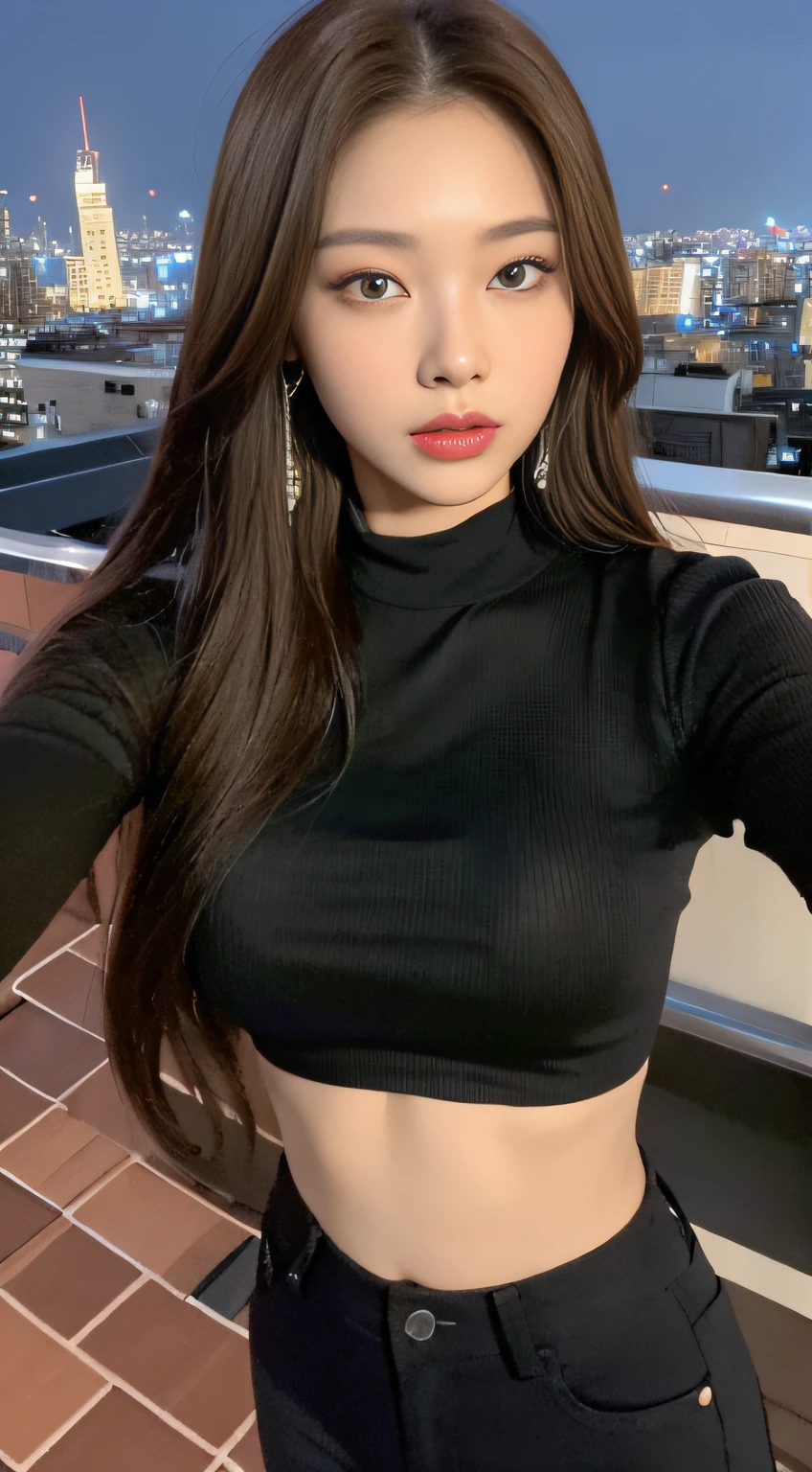((Midnight, Best quality, 8k, Masterpiece :1.3)), Whole body, Long legs, Sharp focus :1.2, A pretty woman with perfect figure :1.4, Slender abs :1.1, ((Dark brown hair, Big breasts :1.2)), (Crop top shirt, Low waist pants, Standing:1.2), ((Night city view, Rooftop:1.3)), Highly detailed face and skin texture, Detailed eyes, Double eyelid