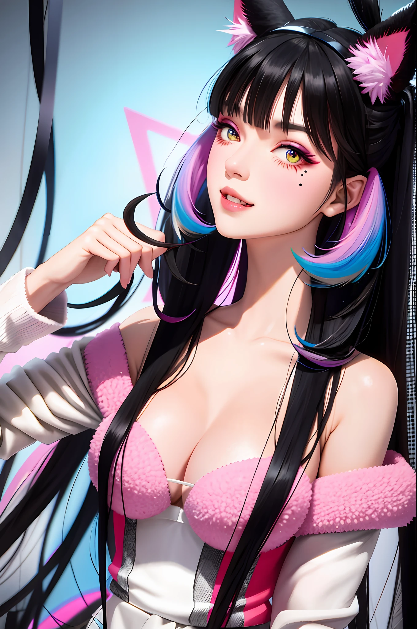 black hair, hair bobbles, wince, longeyelashes, solid circle eyes, fake animal ears, light smile, ear blush, fang, multicolored hair, mole under eye, Surrealism, drop shadow, anaglyph, stereogram, tachi-e, pov, atmospheric perspective, depth of field, film grain, rococo style, 8k, super detail, ccurate, best quality