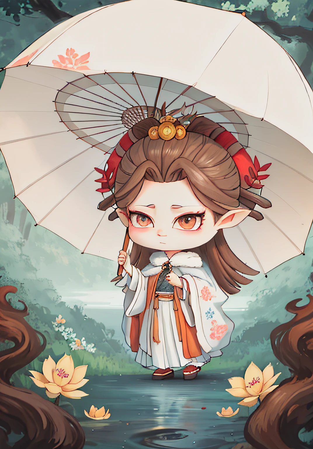 A painting of a Chinese girl holding an oil-paper umbrella, an ancient Chinese princess, a Chinese empress, a palace, a girl in Hanfu, an ancient Chinese goddess, a Chinese princess, (brown hair), a cold-colored fur robe cape, a light cyan undergarment, a branch with leaves on the head, a light-colored umbrella, no miscellaneous, two-headed body
