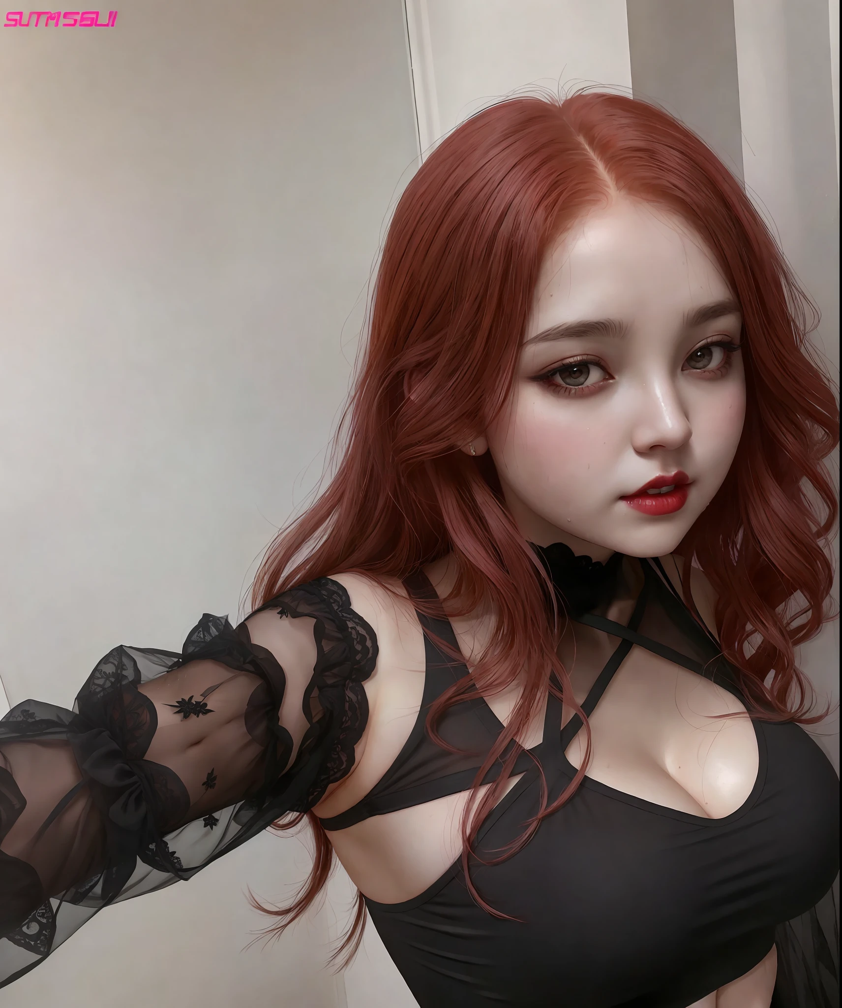 girl with and a black dress, (black hair), young goth girl, succubus in tight short tank top, cleavage, pale beauty, ????, seductive, realistic, ultra-realistic, detailed skin, chubby, fat,, ?????,, exposed, revealing, seductive look, slightly open mouth, enchanting look, alluring, sweaty, wet