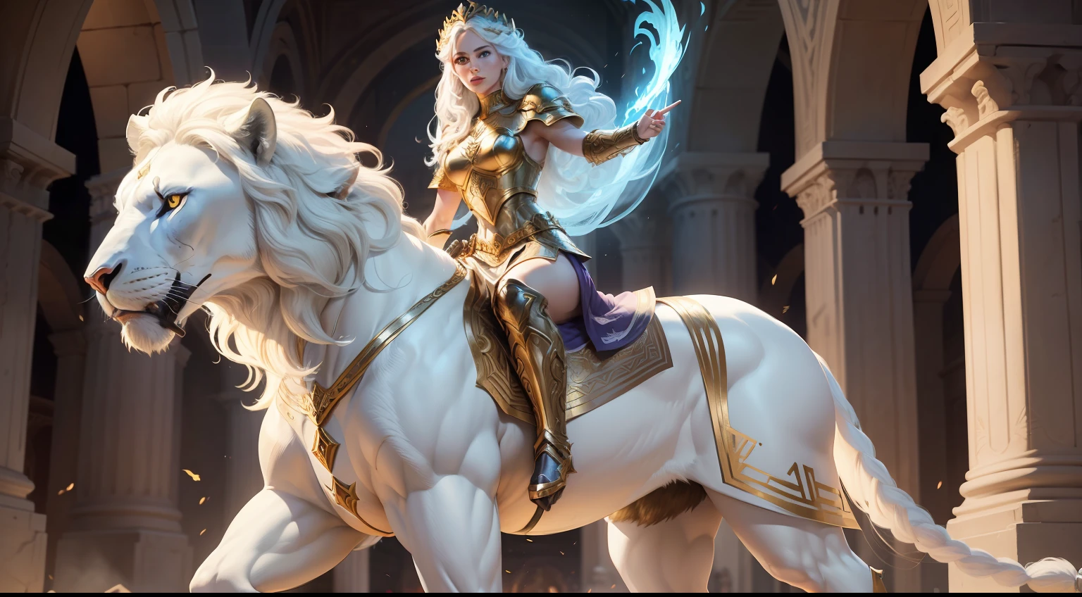 image of a greek goddess riding a white lion, graphic artist magali villeneuve, lion warrior, magali villeneuve', paladin woman costume, by Magali Villeneuve, inspired by Magali Villeneuve, legend of the crypts, by Zeen Chin, high quality fantasy art, white armor, portrait of female paladin