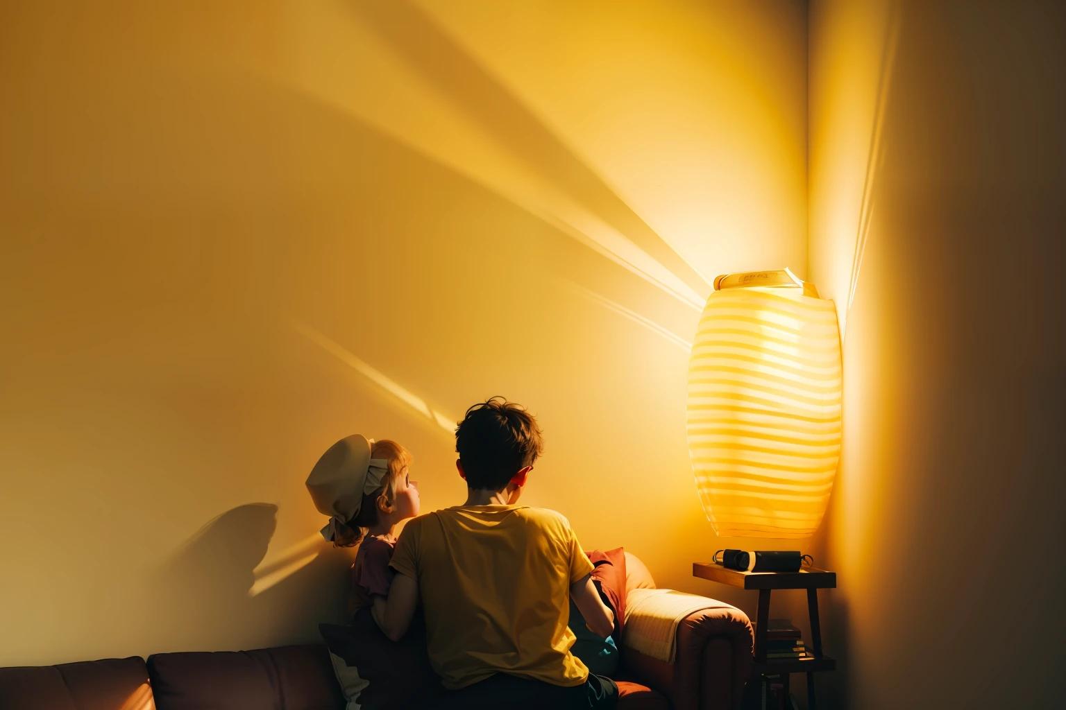 Warm family home background, a corner of the sofa, the back is a bookcase, the light and shadow are obvious, light yellow light and shadow