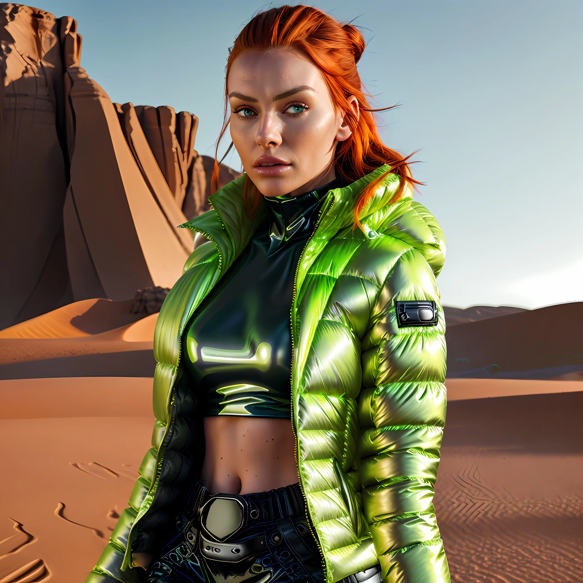 Creates a hyper realis image of a (elegant full-body woman with Nordic Irish red facial features natural red hair with pleasant wearing expression) ((Balenciaga puffer oversized detailed jacket)) ((green vivid color neon reflective metallic )), walking in the Sahara desert with intense desert sun illumination hyper realistic natural landscape, better image quality, High Resolution Photography Camera 100mm Lens