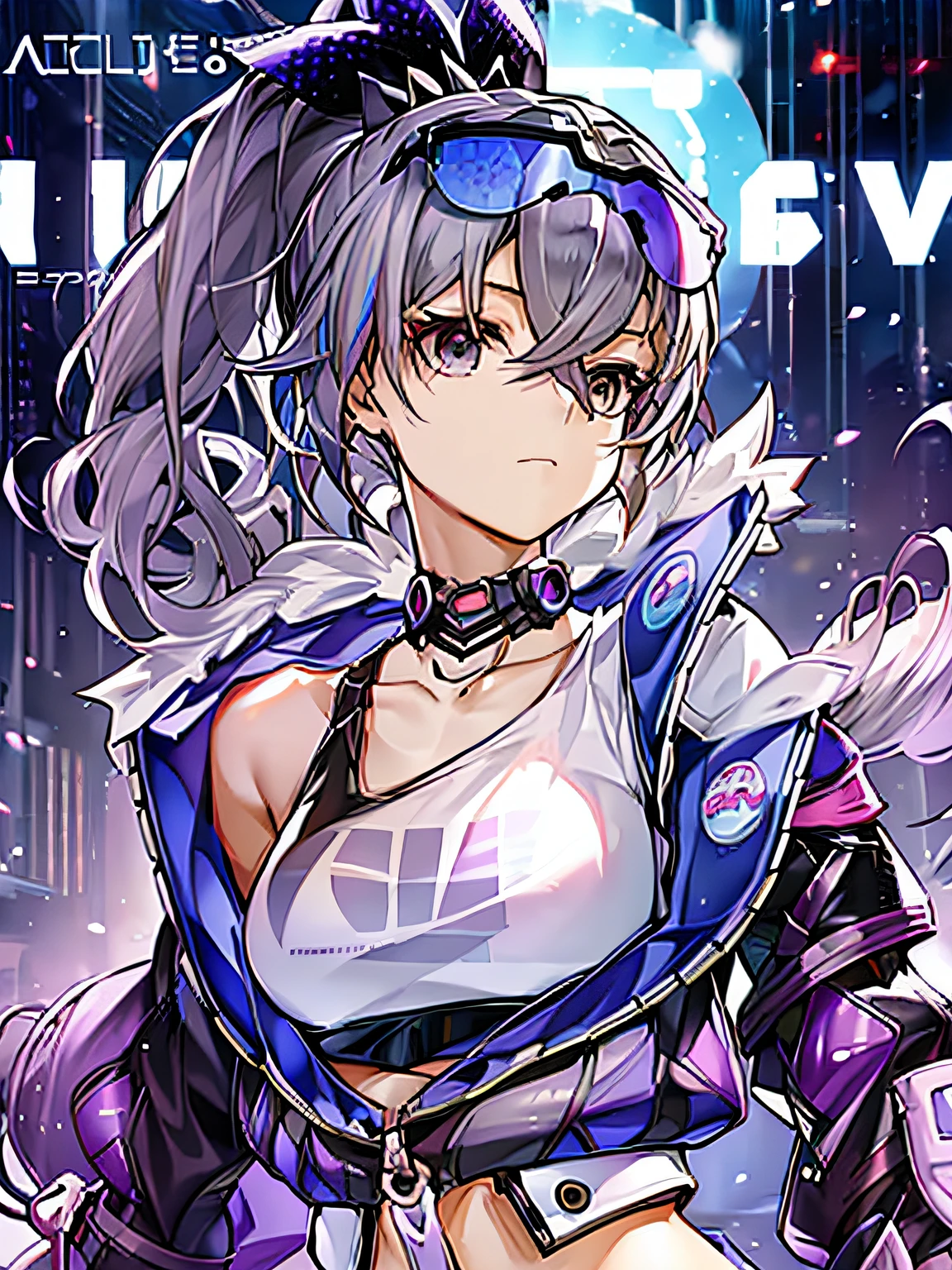 Fashion magazine cover, eye-catching text title, masterpiece, picture best quality, extreme vividness, anime girl with curly ponytail, petite figure, cyberpunk, gray hair, relaxed natural wind, dynamic posture, golden section, portrait with large aperture, cool tone, strong visual impact, white space, light and shadow contrast, super texture, sunset afterglow, super clear picture, simple picture