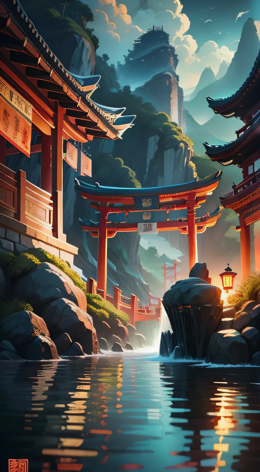 There are two dragon boats in the water, a bridge in the background, national tide wind, national tide wind, a beautiful artwork illustration, background depicting a torii, Foshan ancestral temple, stylized digital illustration, detailed digital illustration, temple background, full color illustration, higher detailed illustration, background artwork, ancient Chinese art style, Chinese fantasy, full color digital illustration, official artwork
