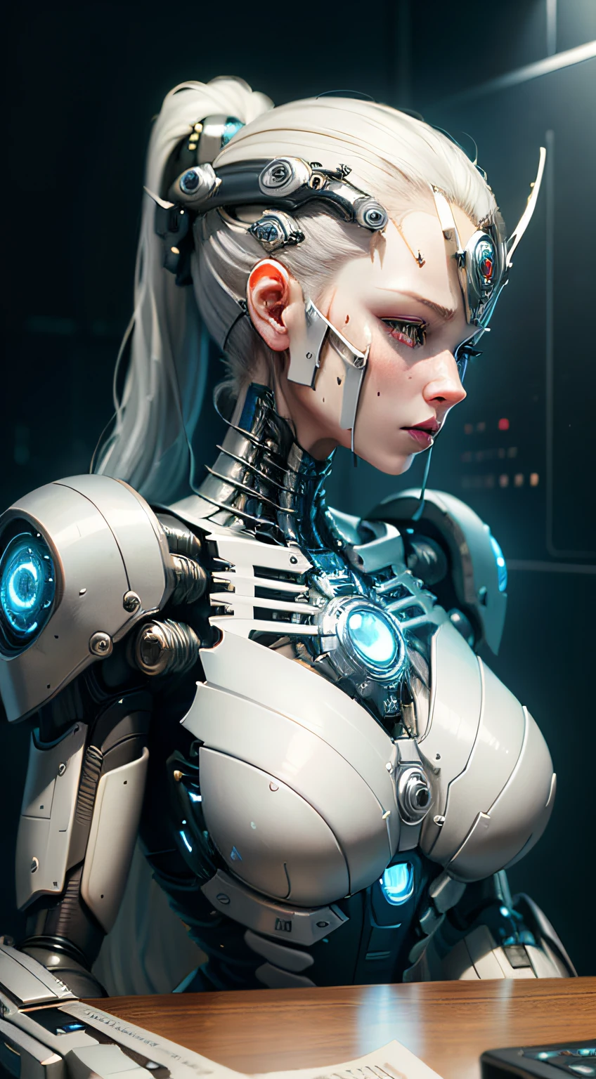 complex 3d render ultra detailed of a beautiful porcelain profile woman android face, cyborg, robotic parts, 150 mm, beautiful studio soft light, rim light, vibrant details, luxurious cyberpunk, lace, hyperrealistic, anatomical, facial muscles, cable electric wires, microchip, elegant, beautiful background, octane render, H. R. Giger style, 8k, best quality, masterpiece, illustration, an extremely delicate and beautiful, extremely detailed ,CG ,unity ,wallpaper, (realistic, photo-realistic:1.37),Amazing, finely detail, masterpiece,best quality,official art, extremely detailed CG unity 8k wallpaper, absurdres, incredibly absurdres, , robot, silver halmet, full body, sitting