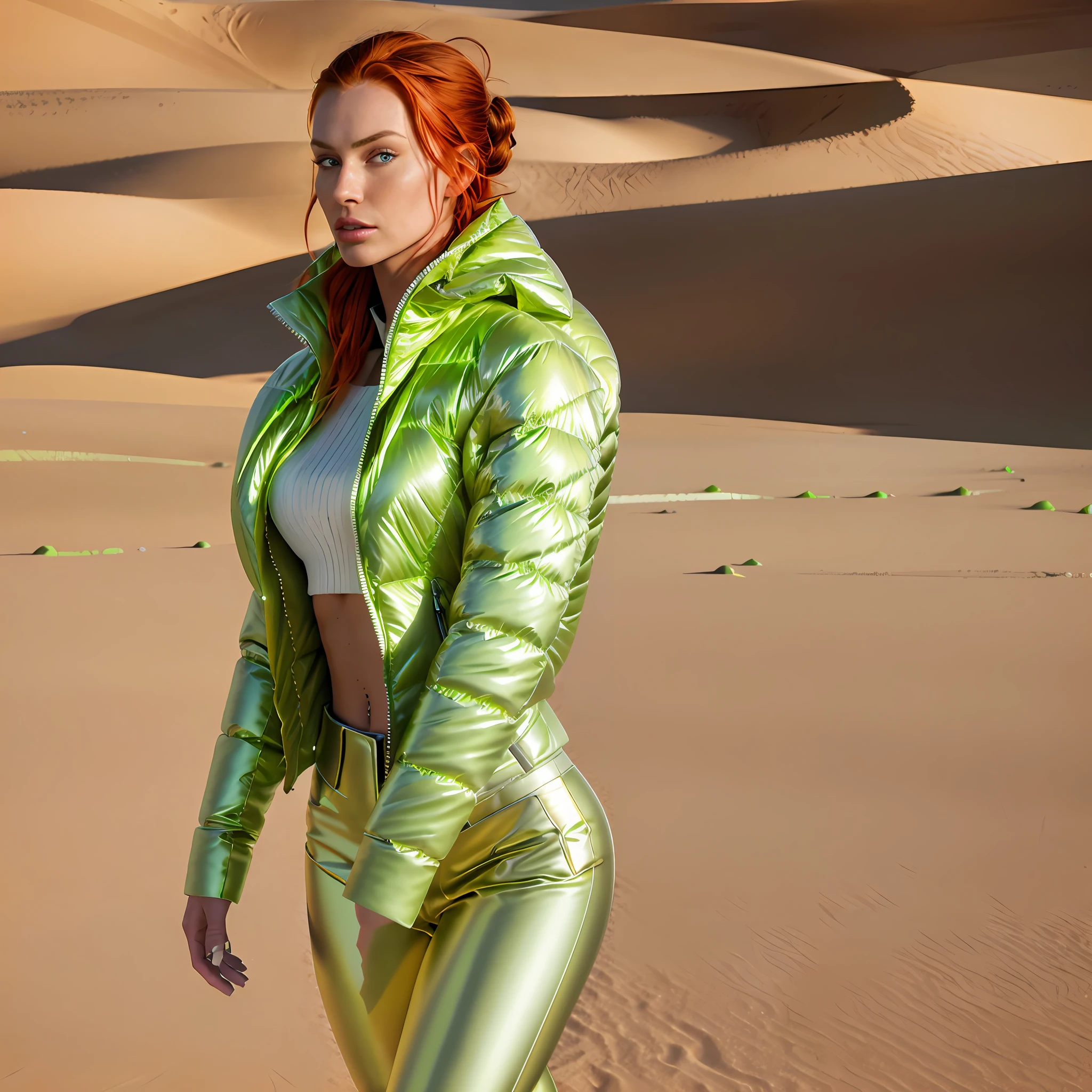 Creates a hyper realis image of a (elegant full-body woman with Nordic Irish red facial features natural red hair with pleasant wearing expression) ((Balenciaga puffer oversized detailed jacket)) ((green vivid color neon reflective metallic )), walking in the Sahara desert with intense desert sun illumination hyper realistic natural landscape, better image quality,  High Resolution Photography Camera 100mm Lens
