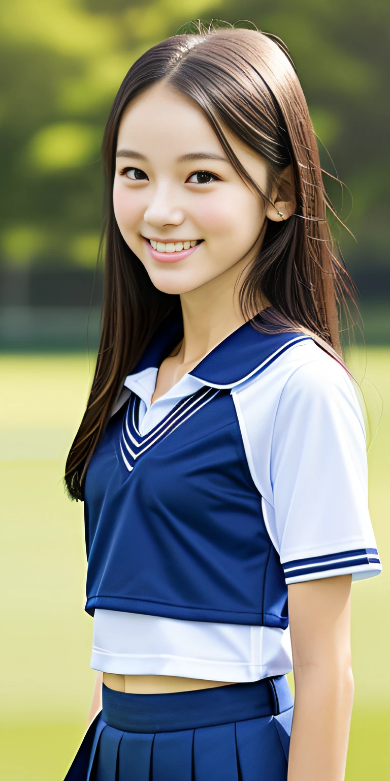 neat college girl, petite person, (school uniform, summer clothes, short sleeves), outside the athletic field, (slim, small, flat, small), photorealistic, detail, skin texture, ultra detail, delicate and sexy collarbone, smile, super detailed face, detailed lips, detailed eyes, double eyelids