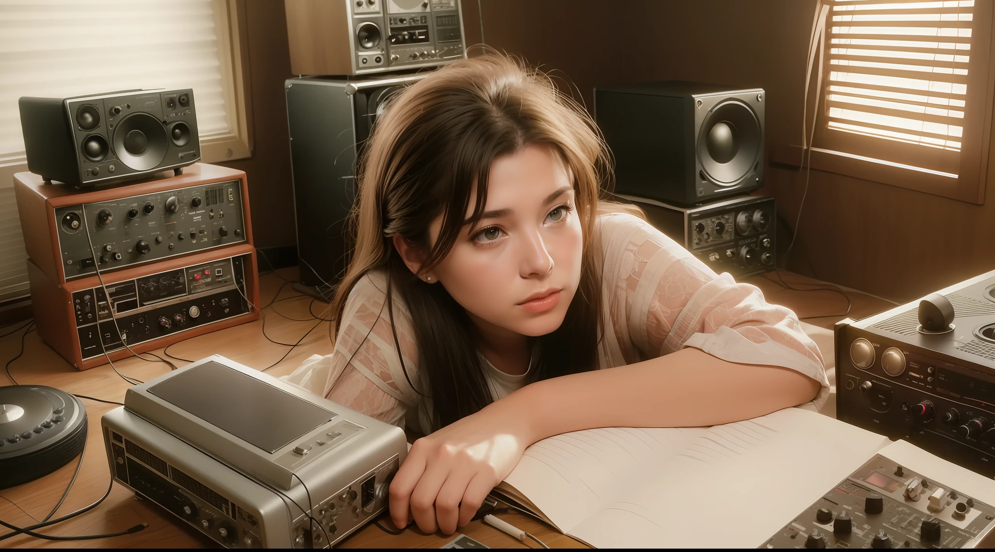 grainy old realistic photo of a female singer sitting in a crowded messy dusty, cozy audio studio with vintage amps, synts, old used speakers, wires, microphones, audio equipment, in 1990, posters on the wall, paper notes on the floor, extreme high quality, volumetric lighting, light rays shining trough the windows, cinematic lighting, backlights, crimson sunset, depth of field, retro, low angle shot, perspective, ambient occlusion, misty, old, warm, intimate, perfect ???????, symetric face, 90's fashion by Ed Freeman