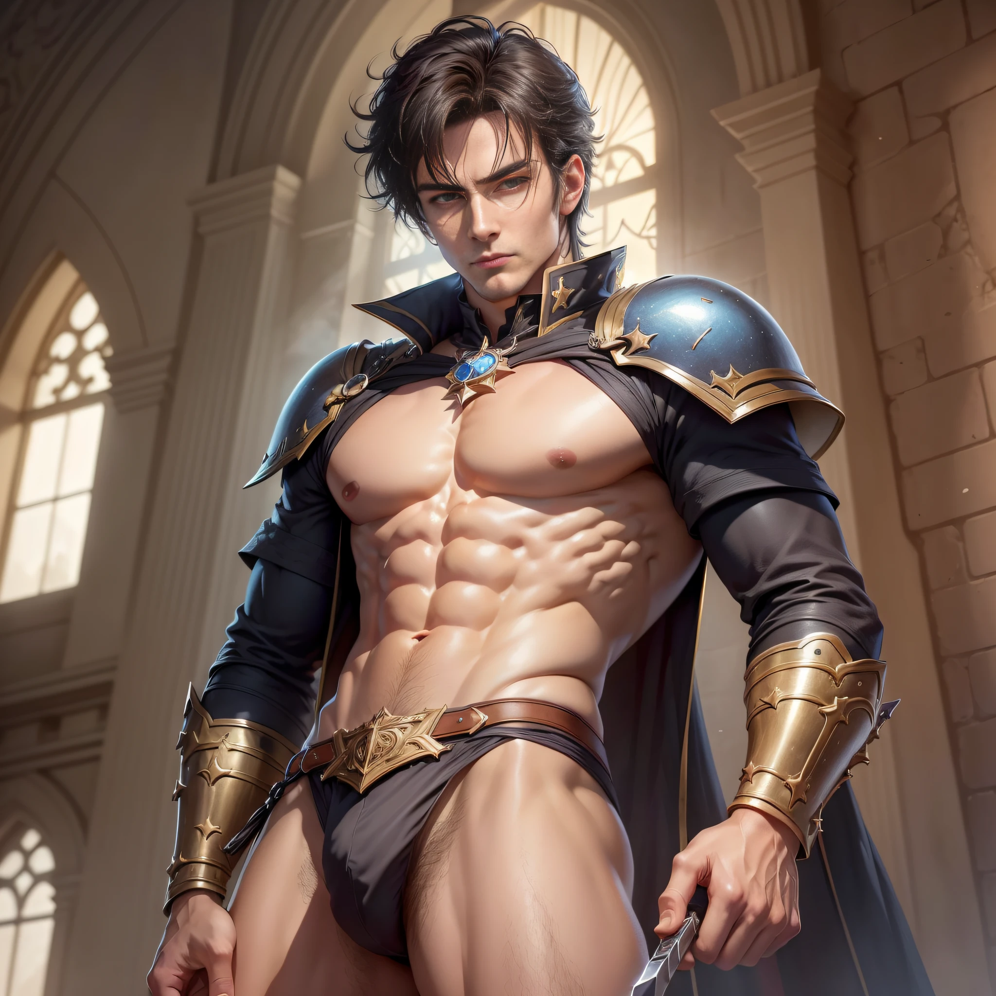 ((Extremely detailed CG unity8k wallpaper)|game_cg|masterpiece|best quality|illustration| {High resolution}|fine painting|aesthetic painting|high detail, beautiful detailed eyes, detailed face, detailed skin, in the castle, a 20-year-old young handsome male model wearing a thong, The covered by the thong looms, looks even more charming. Armed with a sharp weapon, Jack up your crotch, he stood in a sunlit square. He is physically toned, with well-defined muscles, exuding a sense of confidence and strength, and behind him is a towering city wall and a magnificent castle. A small black ball hangs from his nipple, and when night falls, the interior of the castle is lit with twinkling star lights, which highlights the magnificent walls behind the male model and the extraordinary momentum of the castle. His resolute eyes stared into the distance, as if he was about to rush into the battlefield. The entire castle and walls seem to engrave all people and things in their forms, and this impressive sight is like reliving the legend of a person. --auto --s2