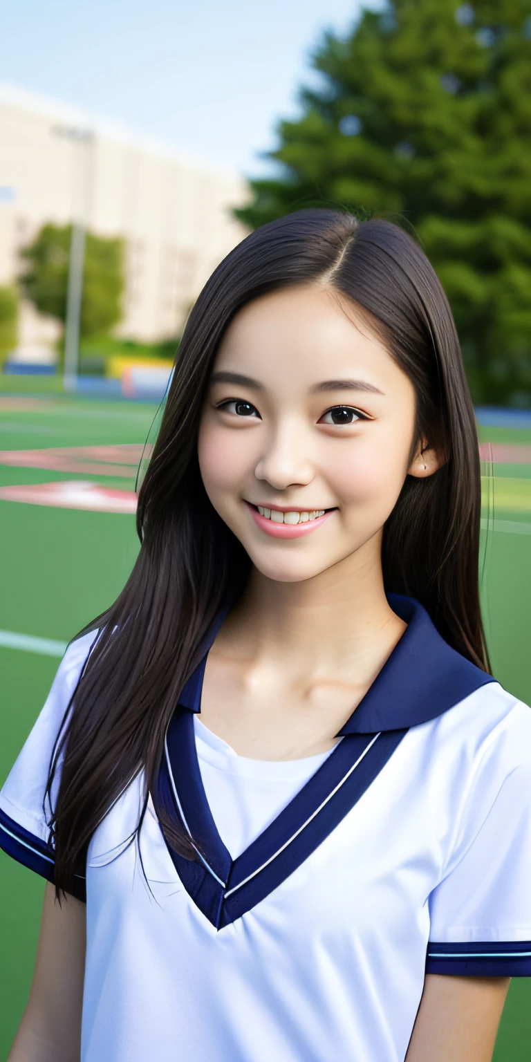neat college girl, petite person, (school uniform, summer clothes, short sleeves), outside the athletic field, (slim, small, flat, small), photorealistic, detail, skin texture, ultra detail, delicate and sexy collarbone, smile, super detailed face, detailed lips, detailed eyes, double eyelids