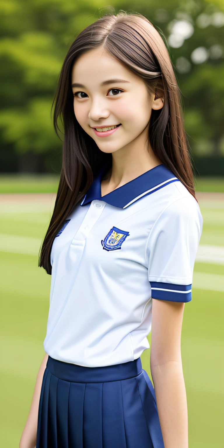 neat college girl, petite person, (school uniform, summer clothes, short sleeves), outside the athletic field, (slim, small, flat, small), photorealistic, detail, skin texture, ultra detail, delicate and sexy collarbone, smile, super detailed face, detailed lips, detailed eyes, double eyelids