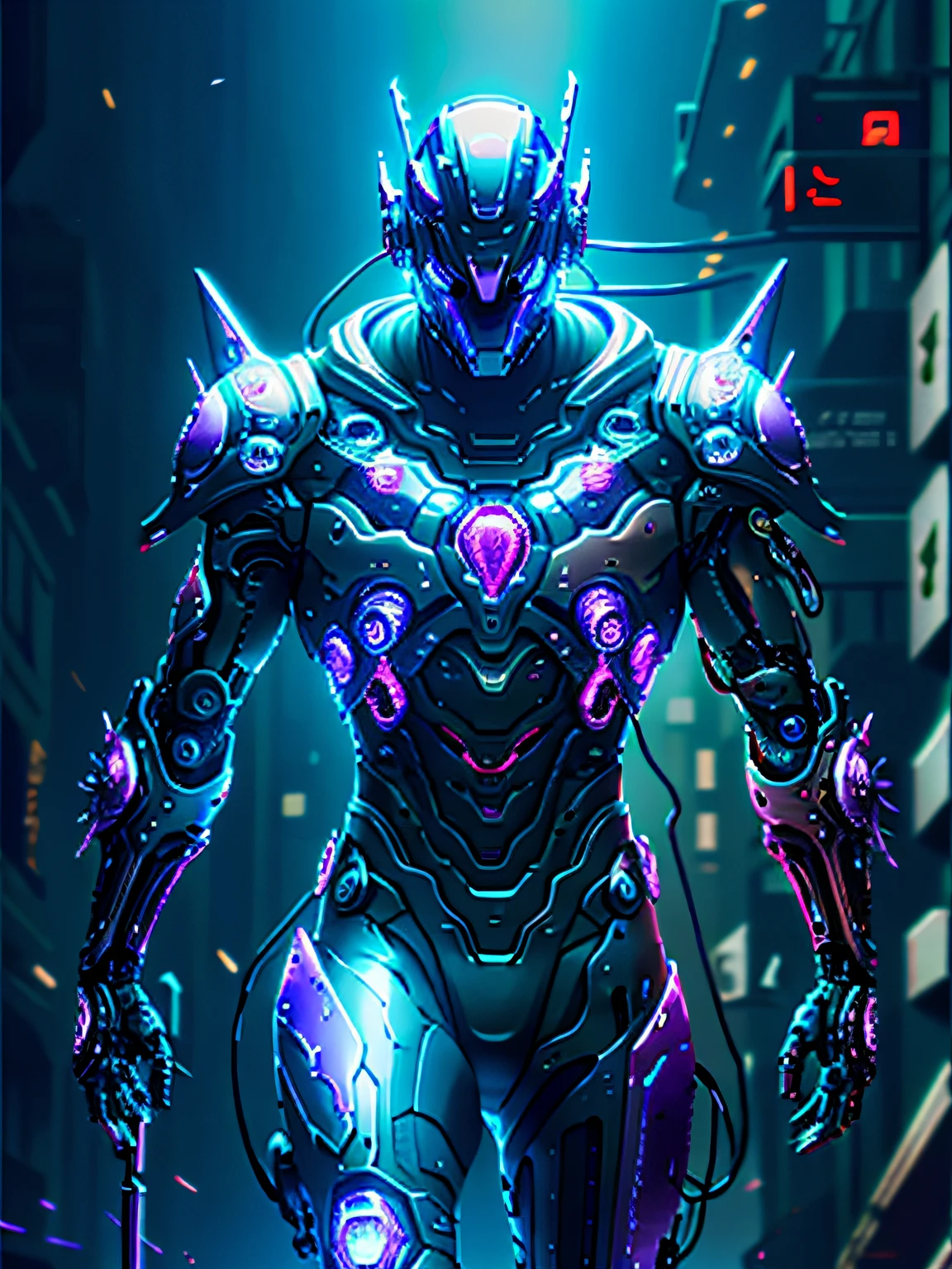chaotic cyborg in a fantastic glowing purple chaos cyber helmet head, full body, battle stance, purple nebula reflective armor suit, (robotic jetpack), walking down the street organic, eye shield, diffuse lighting, fantasy, intricate, highly detailed, lifelike, smooth, sharp focus, (photorealistic:1.5), concept art, blood wires transfused from back, blood tubes transfused from back, dark room, dim light cyberpunk, blade runner,