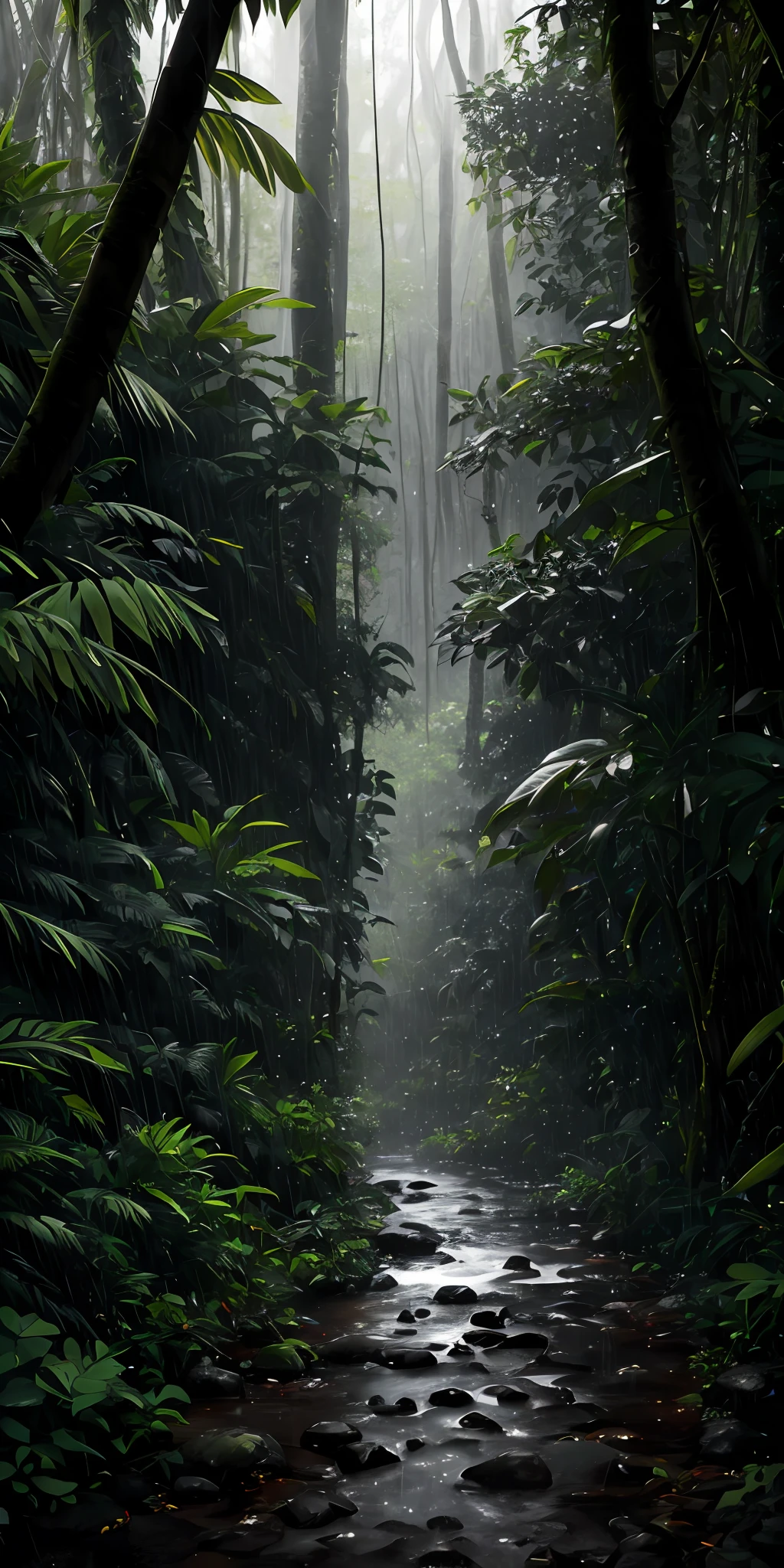 A jungle, with intense rainfall, monochromatic, vines all around, giant and wet trees, masterpiece, best quality, high quality, extremely detailed CG unity 8k wallpaper, oil paiting, award winning photography, Bokeh, Depth of Field, HDR, bloom, Chromatic Aberration ,Photorealistic,extremely detailed, trending on artstation, trending on CGsociety, Intricate, High Detail, dramatic, art by midjourney, volumetric lighting