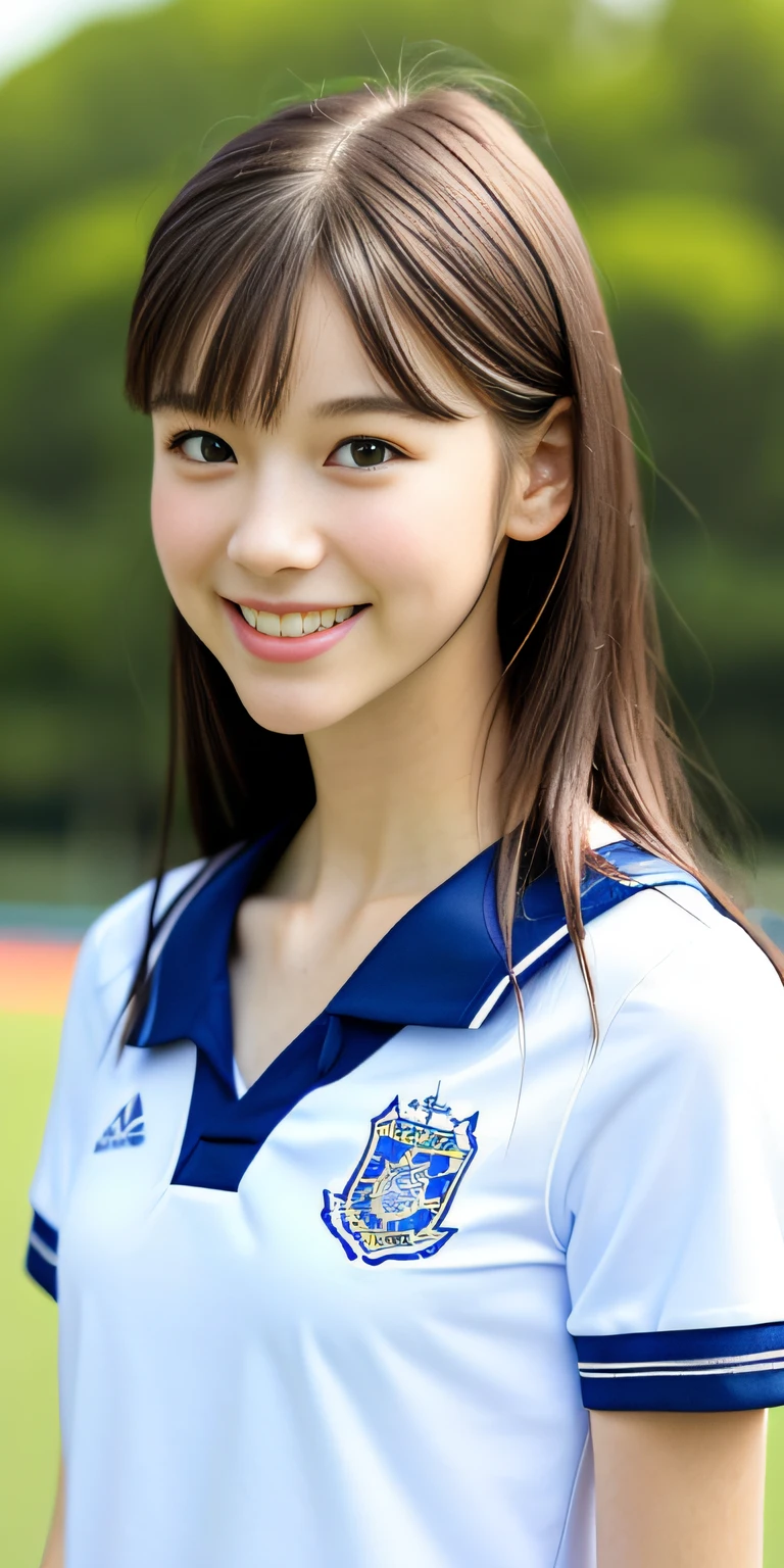neat college girl, petite person, (school uniform, summer clothes, short sleeves), outside the athletic field, (slim, small, flat, small), photorealistic, detail, skin texture, ultra detail, delicate and sexy collarbone, smile, super detailed face, detailed lips, detailed eyes, double eyelids