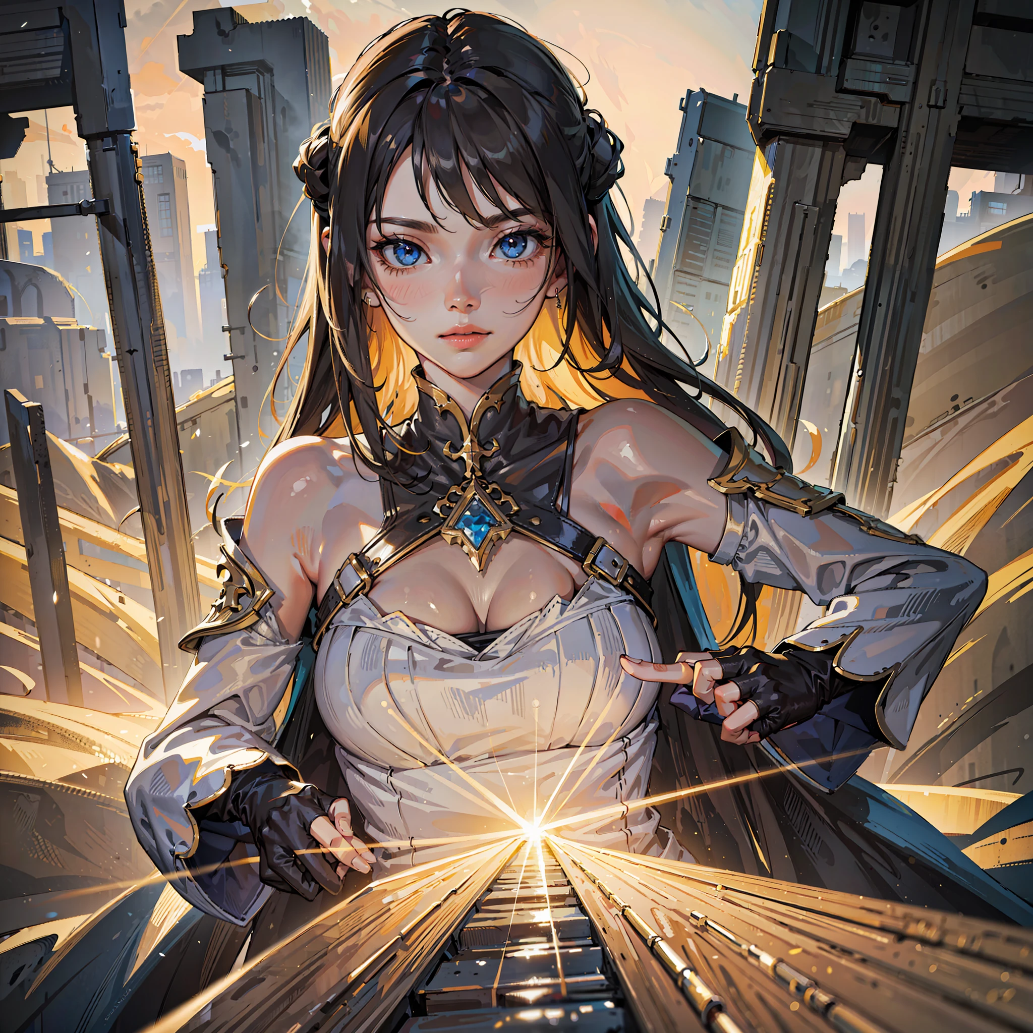 ((female portrait)),(Masterpiece, best quality: 1.3), highres, (8k resolution), (ultra detailed), solo, (sideways, foreground: 1.2), volumetric lighting: 1.1, (dark), (details: 1.2), stop motion, sharp focus, floating particles, (depth of field), high quality, fuji 85mm, ruins, landscape, extremely detailed background, 8k, intricate, sustain, sand, brightness, bright, long fingers,, photorealistic, DSLR, HDR