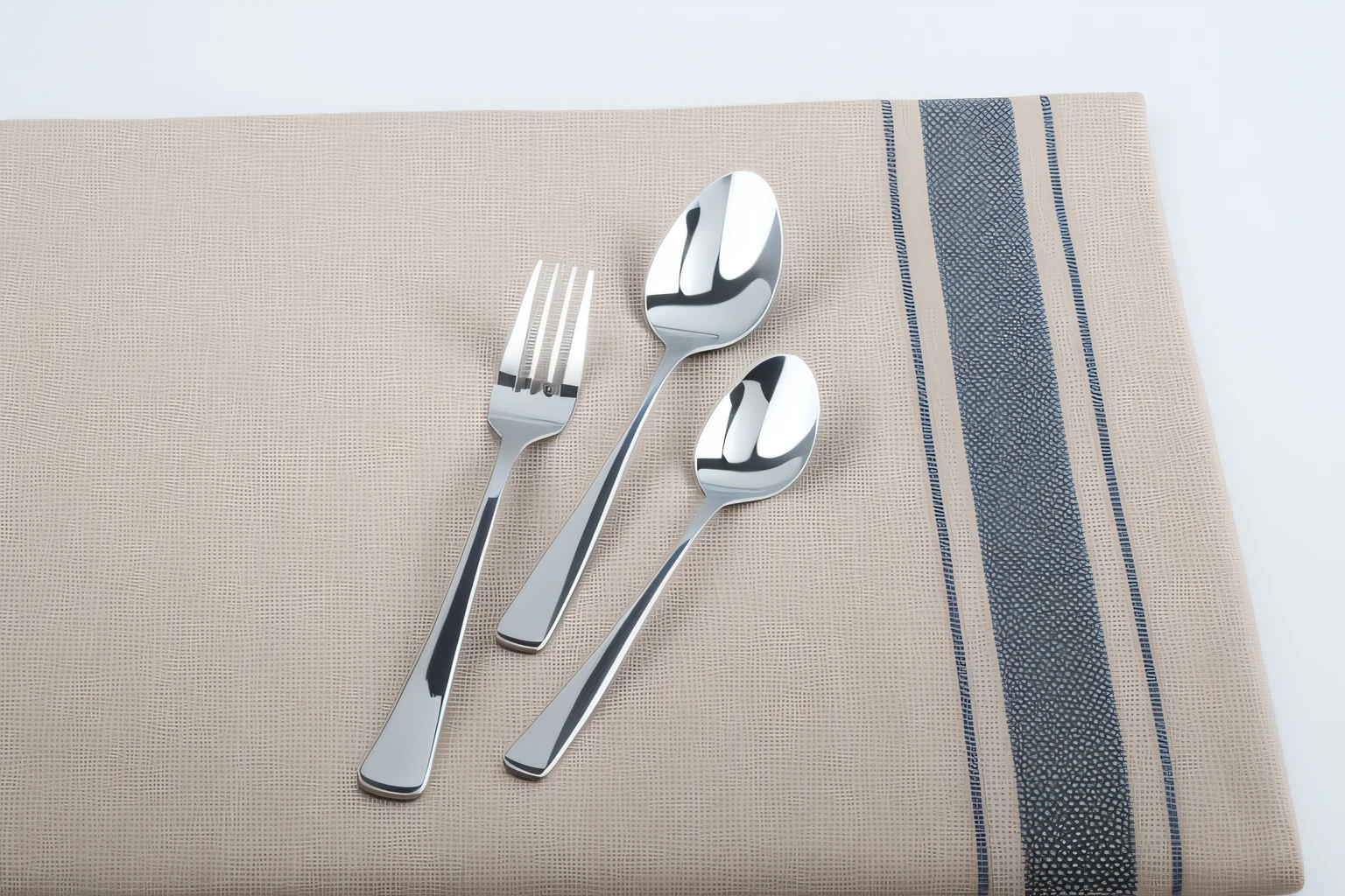 there are three spoons and two forks on a placemat, spoon placed, cutlery, spoon, fork, fork fork, fork fork fork, forks, 3 - piece, elegant high quality, high qualit, high quality product photo, stainless steal, tasteful, silverplate, modern, using fork, set 1 8 6 0, high quality product image”