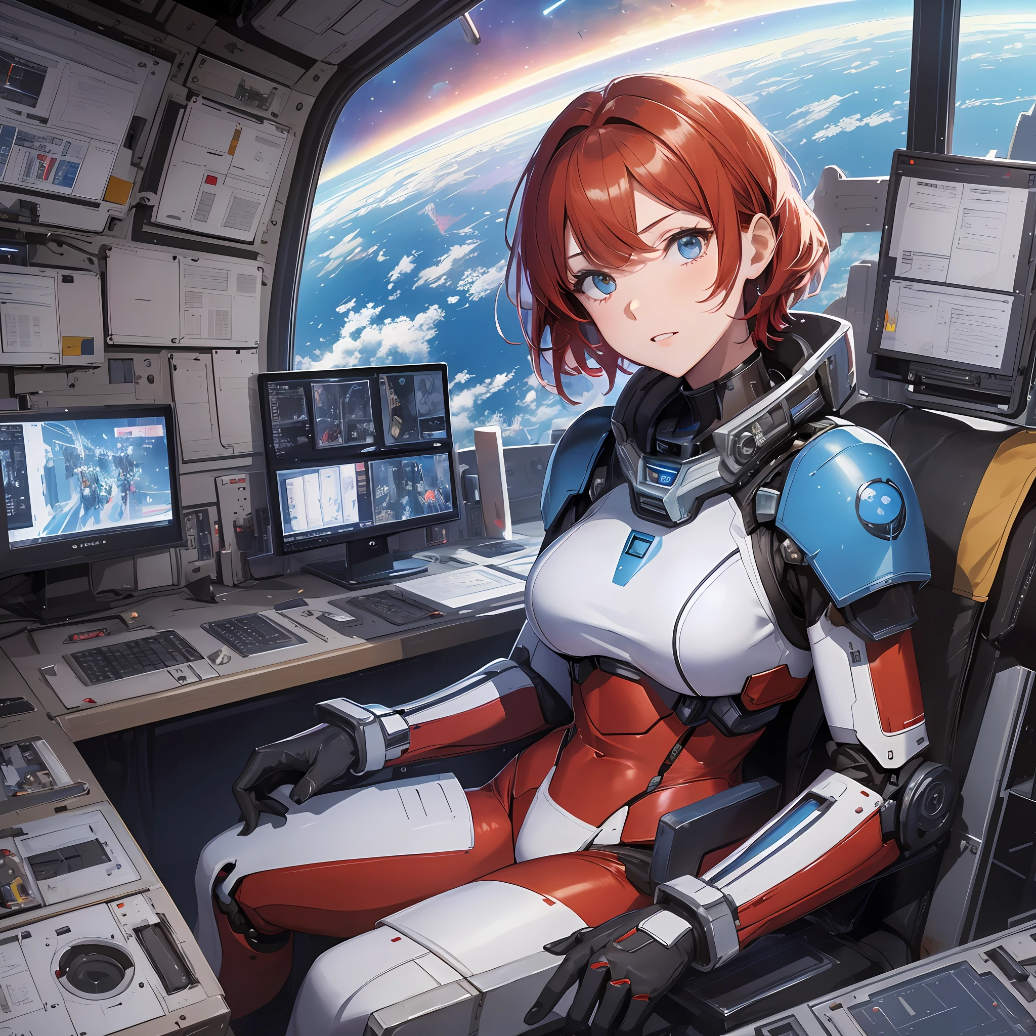 Absurd resolution, high resolution, (masterpiece: 1.4), hyper-detail, 1 young woman, short red hair, pilot suit, rich princess, sitting in an extremely narrow and closed mecha control room looking out the window, the window is the space universe can see the blue planet (1.5), the expression is excited, the mecha control room is in the universe