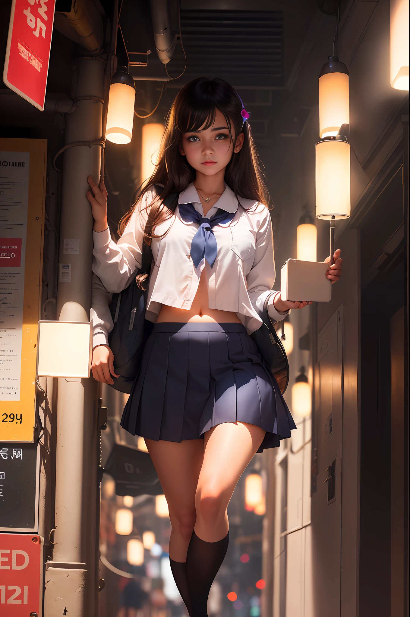 portrait of a award winning photo of cute woman dressing white school uniform standing in a dark studio, (rim lighting,:1.4) ,(neons,night,princess eyes:1.2,navel),two tone lighting, sharp focus, octane, unreal, dimly lit, low key,bustling street background,