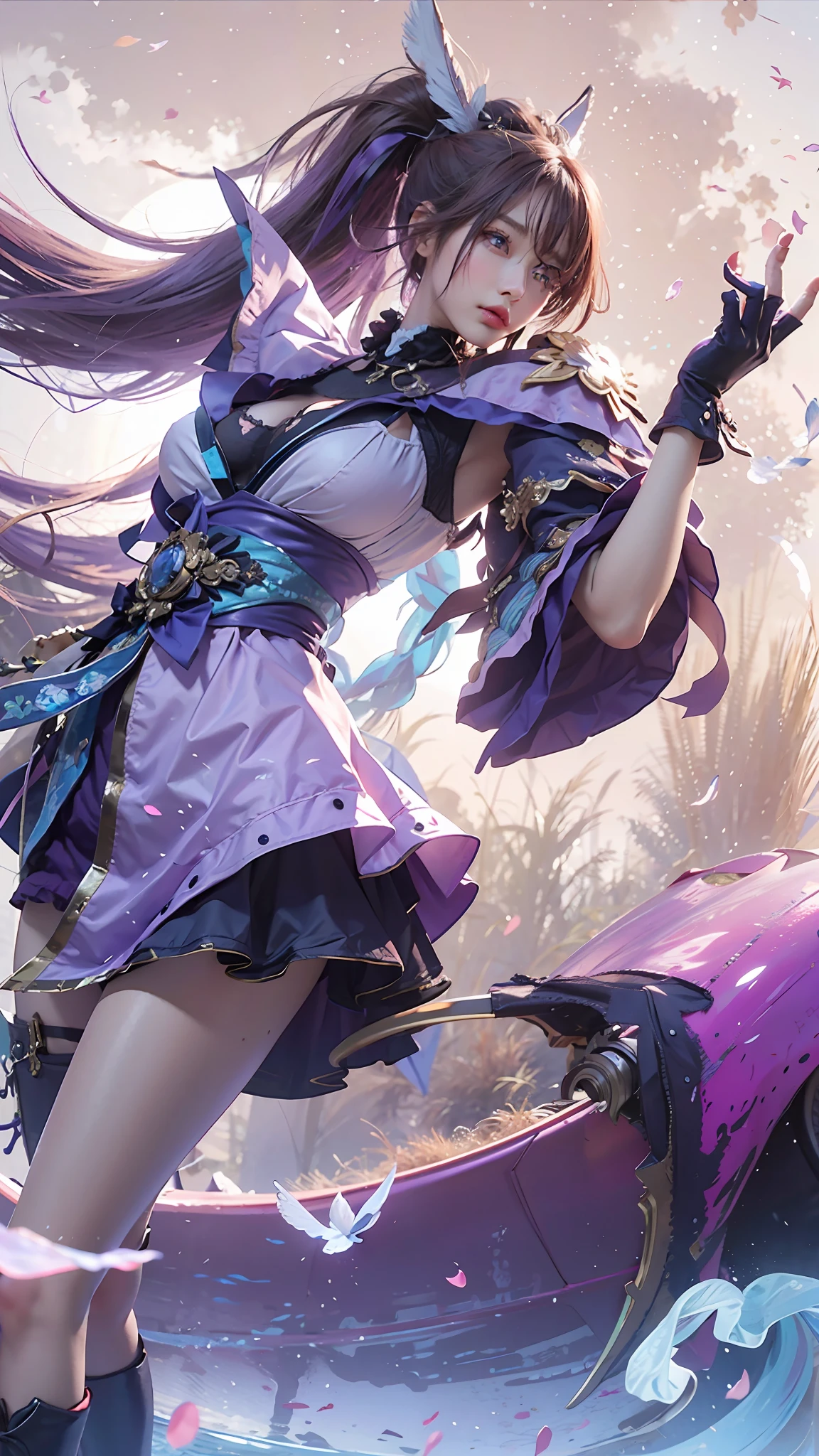 realistic, 1girl, purple eyes, detailed hair, big breasts, blush, bloom, super detailed, big moon background