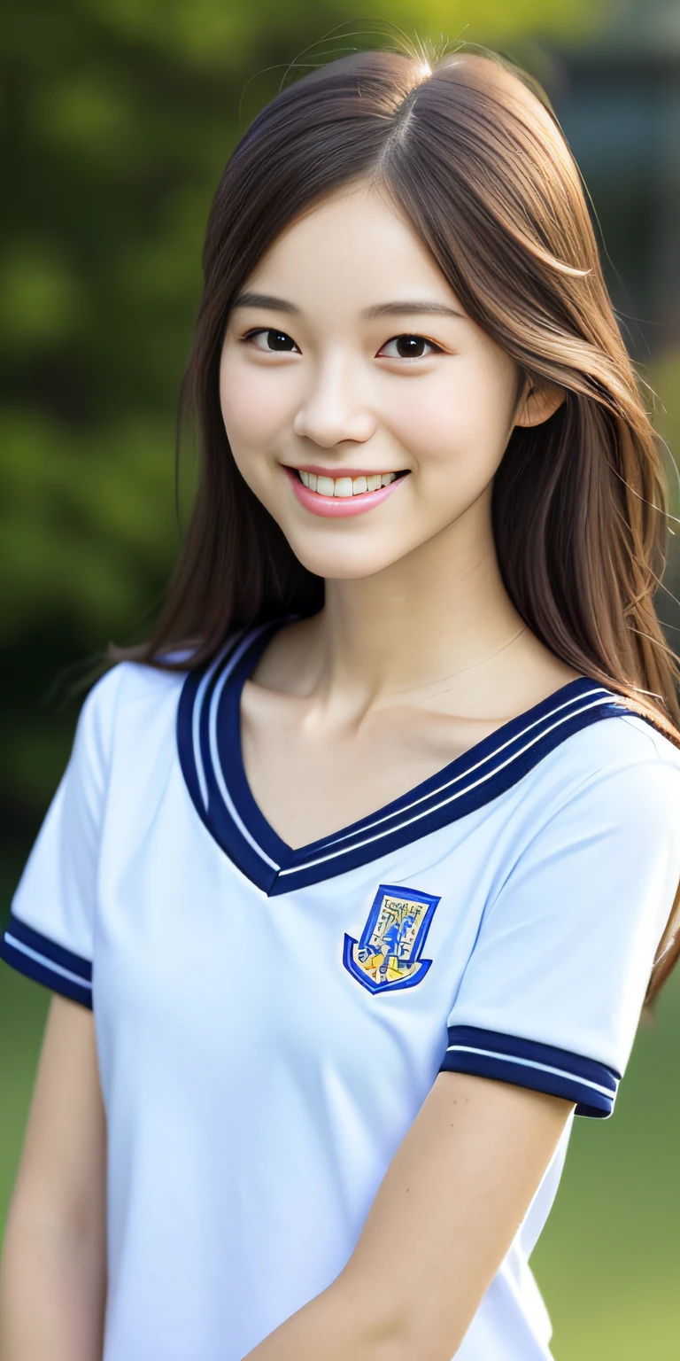 neat college girl, petite person, (school uniform, summer clothes, short sleeves), outside the athletic field, (slim, small, flat, small), photorealistic, detail, skin texture, ultra detail, delicate and sexy collarbone, smile, super detailed face, detailed lips, detailed eyes, double eyelids