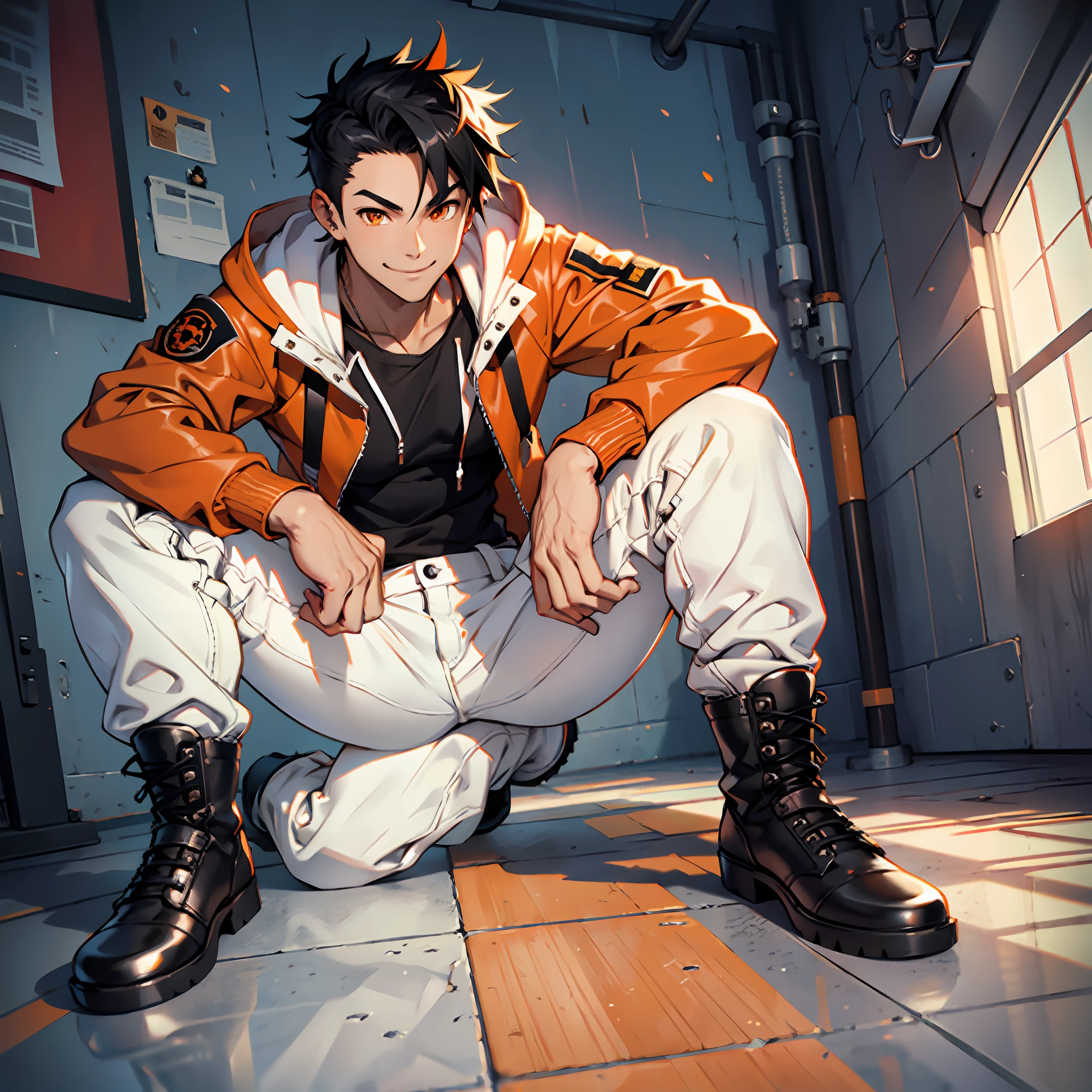 Orange jacket, white hoodie, spiky black hair, orange eyes, long white jeans, black military boots, strong arms, bedroom, smile.