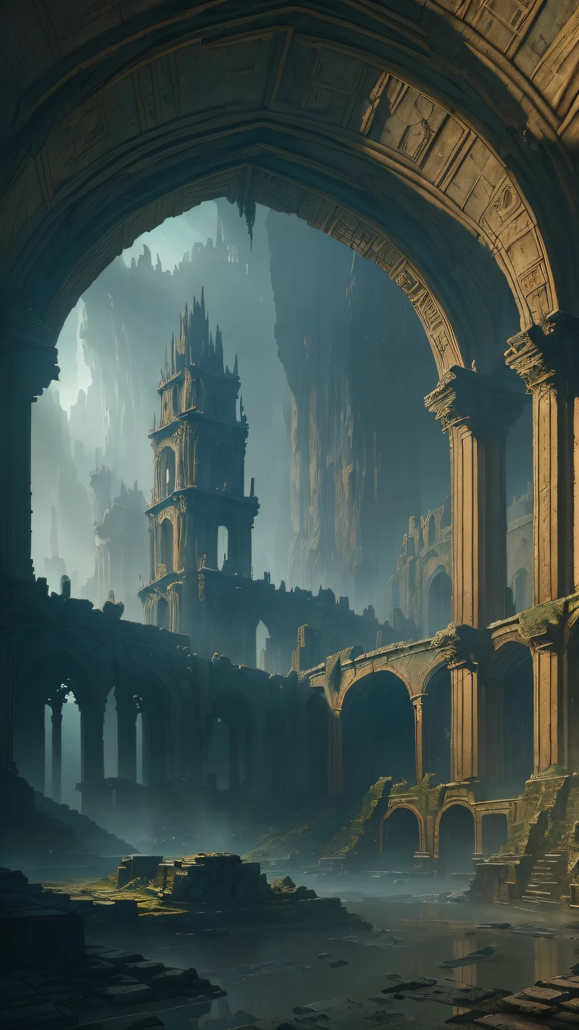 (masterpiece), vast ancient dungeon, (decrepit scenery), megastructure, (art by [Bastien Lecouffe-Deharme|Caspar David Friedrich ]:1.2), (unreal engine render, photorealistic painting, photorealism:1.2), (mysterious)