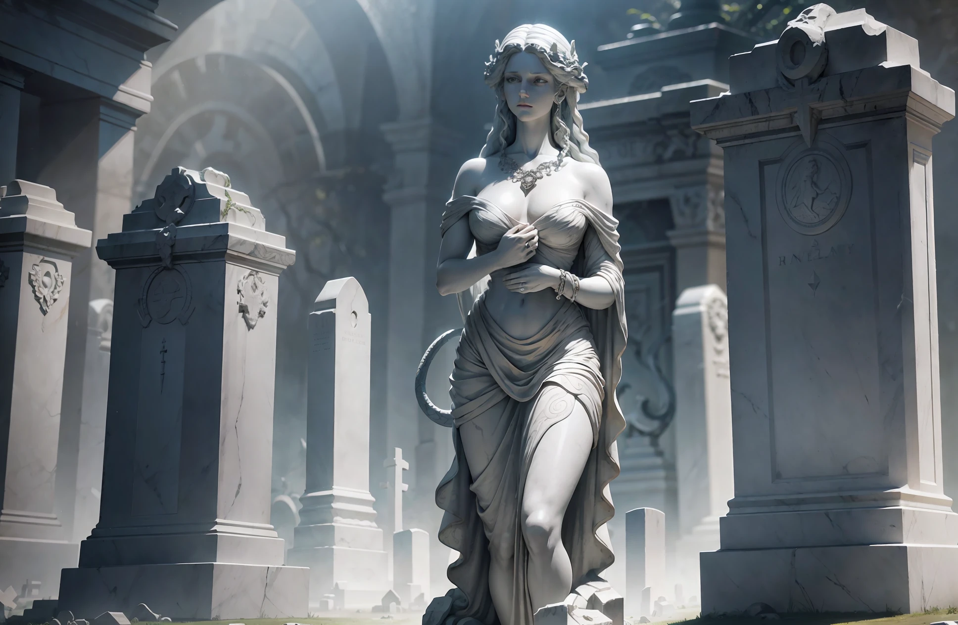 a marble statue of medusa adorned in decorative silver jewelry, standing in a misty (cemetery:1.2) surrounded by gravestones, snake tail, detailed eyes, masterpiece, best quality, intricate detail, absurdres, high detail RAW color Photo, highly detailed, harsh lighting, cinematic lighting, contrast, hard light, gigapixel, 8k resolution, cinematic, octane render, unreal, high definition, 8k uhd, professional lighting, photon mapping, radiosity, physically-based rendering, award-winning photography, backlight, ray tracing, cinematic lighting