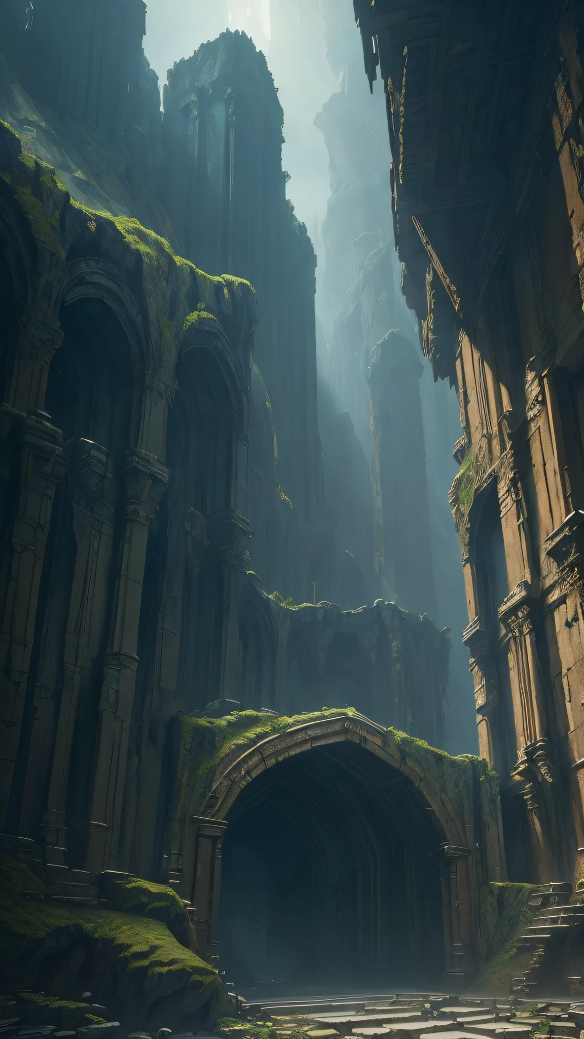 (masterpiece), vast ancient dungeon, (decrepit scenery), megastructure, (art by [Bastien Lecouffe-Deharme|Caspar David Friedrich ]:1.2), (unreal engine render, photorealistic painting, photorealism:1.2), (mysterious)
