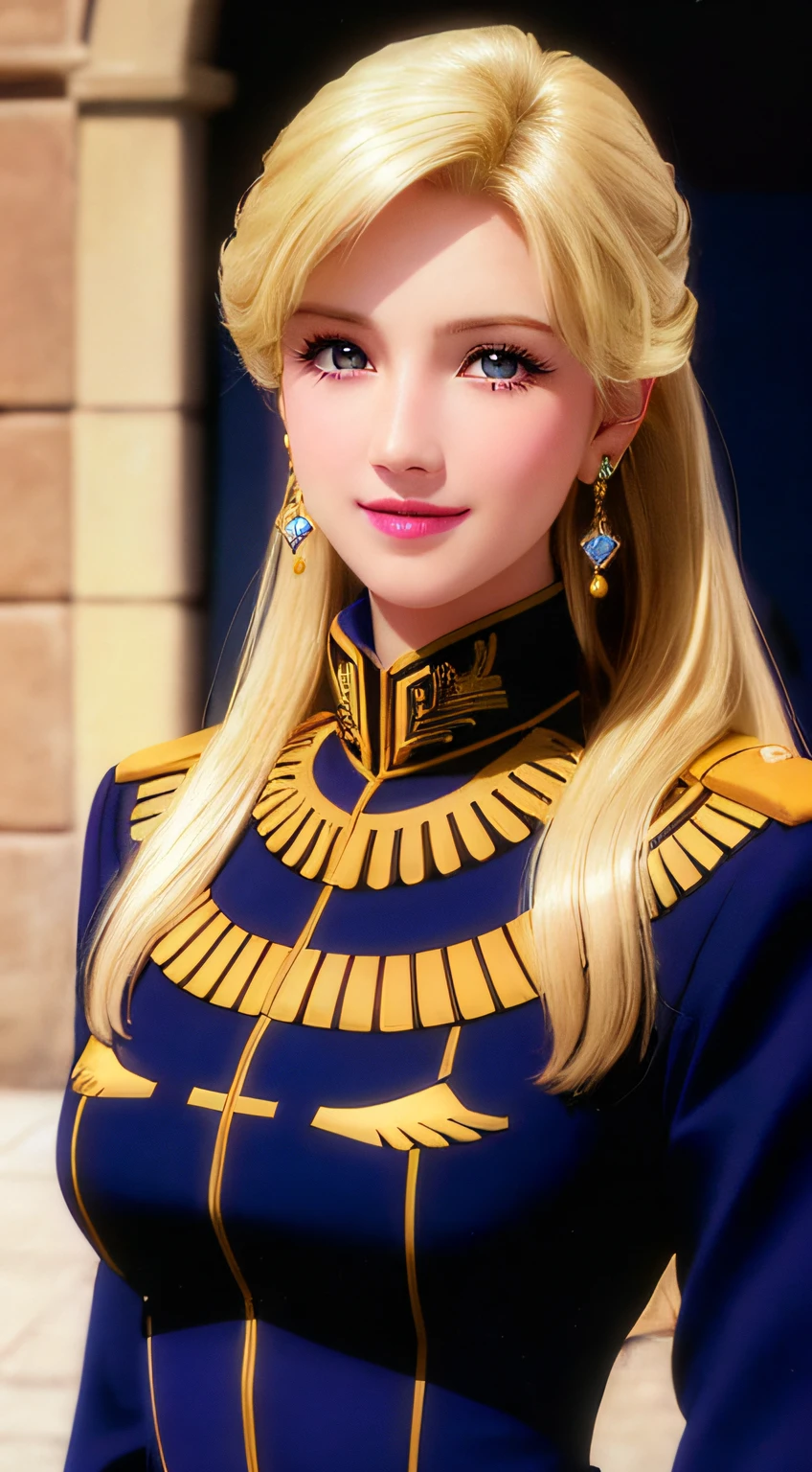 standing in front of castle, smile, necklace, earrings, full body, long blonde hair, blue military uniform, superb, ultra-high-definition, RAW photo, realism: 1.25), (bright lip gloss, long eyelashes, smooth face , bright skin, natural shadows, wide light, wide light, depth of field, strong colors, subtle caustics: 0.8), smile, (big tits), v6