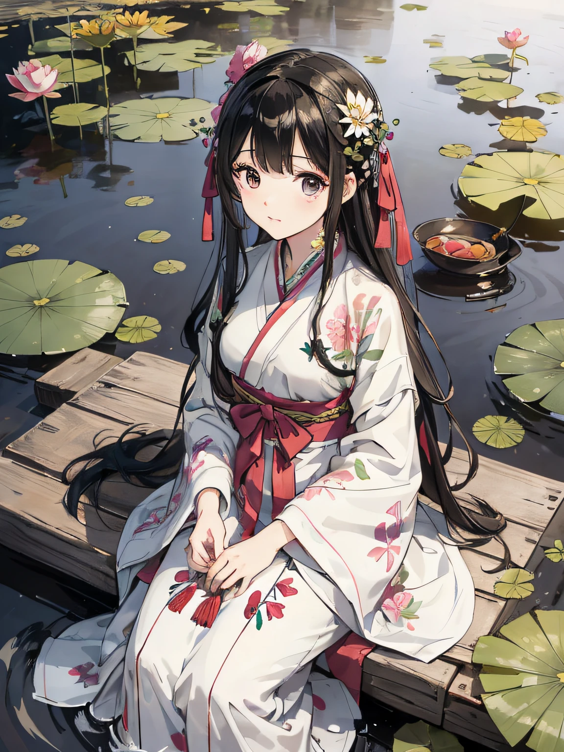 absurdres, highres, ultra detailed, (1girl:1.3), hand drawn, simple line, 16yo girl in colorful Song Hanfu, beautiful girl, at the lotus pond, masterpiece, sitting in water, floating clothes, floating hair