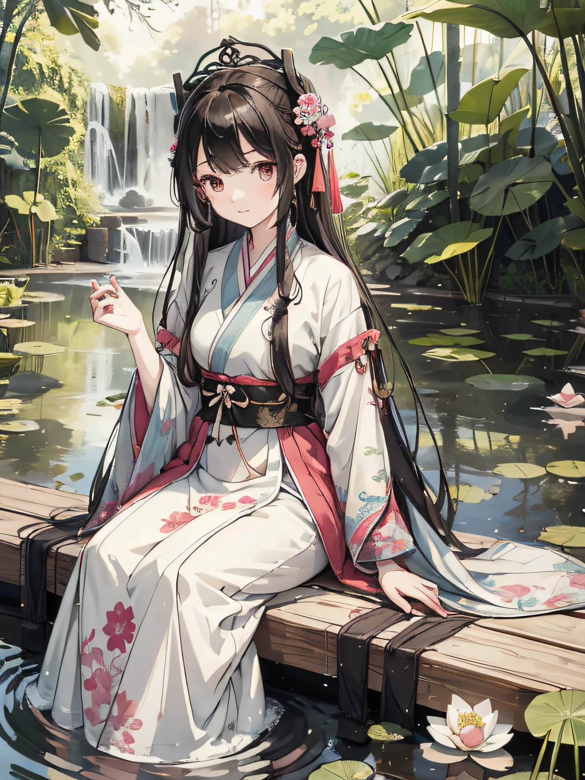 absurdres, highres, ultra detailed, (1girl:1.3), hand drawn, simple line, 16yo girl in colorful Song Hanfu, beautiful girl, at the lotus pond, masterpiece, sitting in water, floating clothes, floating hair