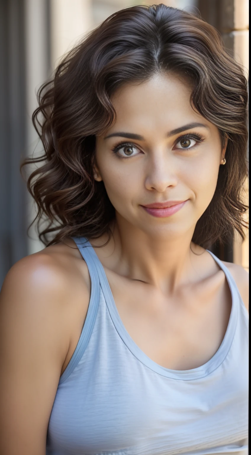masterpiece, realistic, detailed eyes, beautiful, looking at the viewer, natural lighting, depth of field, film grain, wrinkled skin, ((45yo)), Brazilian, female, solo, wearing T-shirt, short wavy black hair, brown eyes, freckles, from the waist up, Portrait. Front view, Exterior.