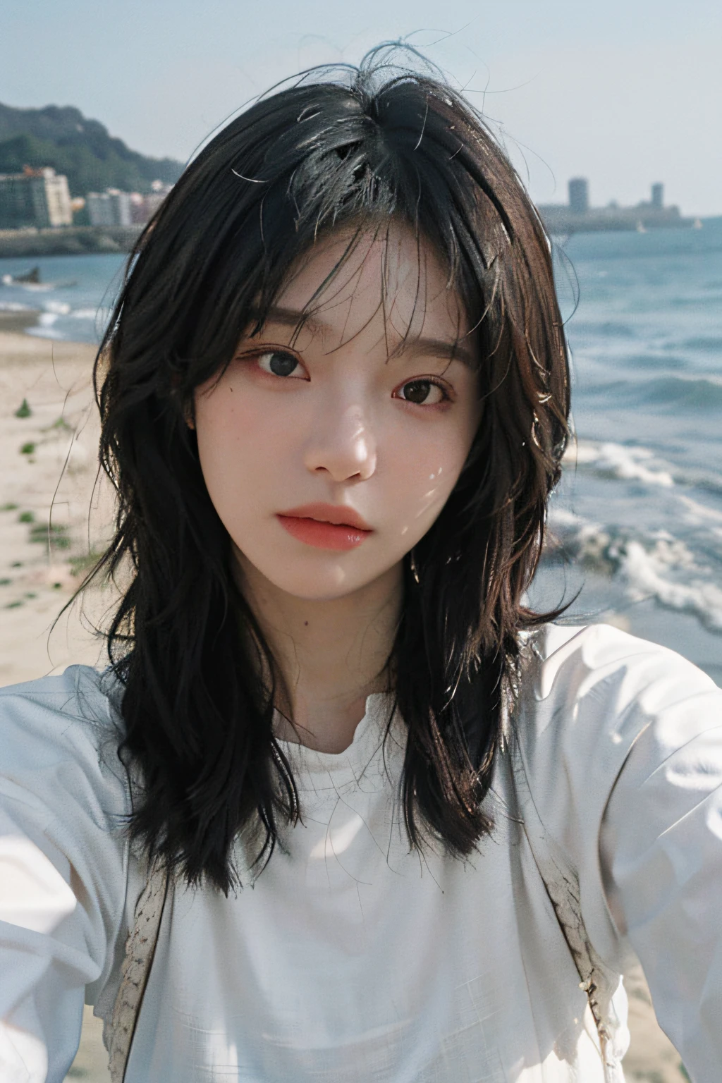 8K, Best Quality, Masterpiece, Ultra High Resolution, (Realism: 1.4), Original Photo, (Real Skin Texture: 1.3), (Film Grain: 1.3), (Selfie Angle), 1 Girl, Beautiful Eyes and Face Details, Masterpiece, Best Quality, Close-up, Upper Body, Beach by the Sea, Teleshot