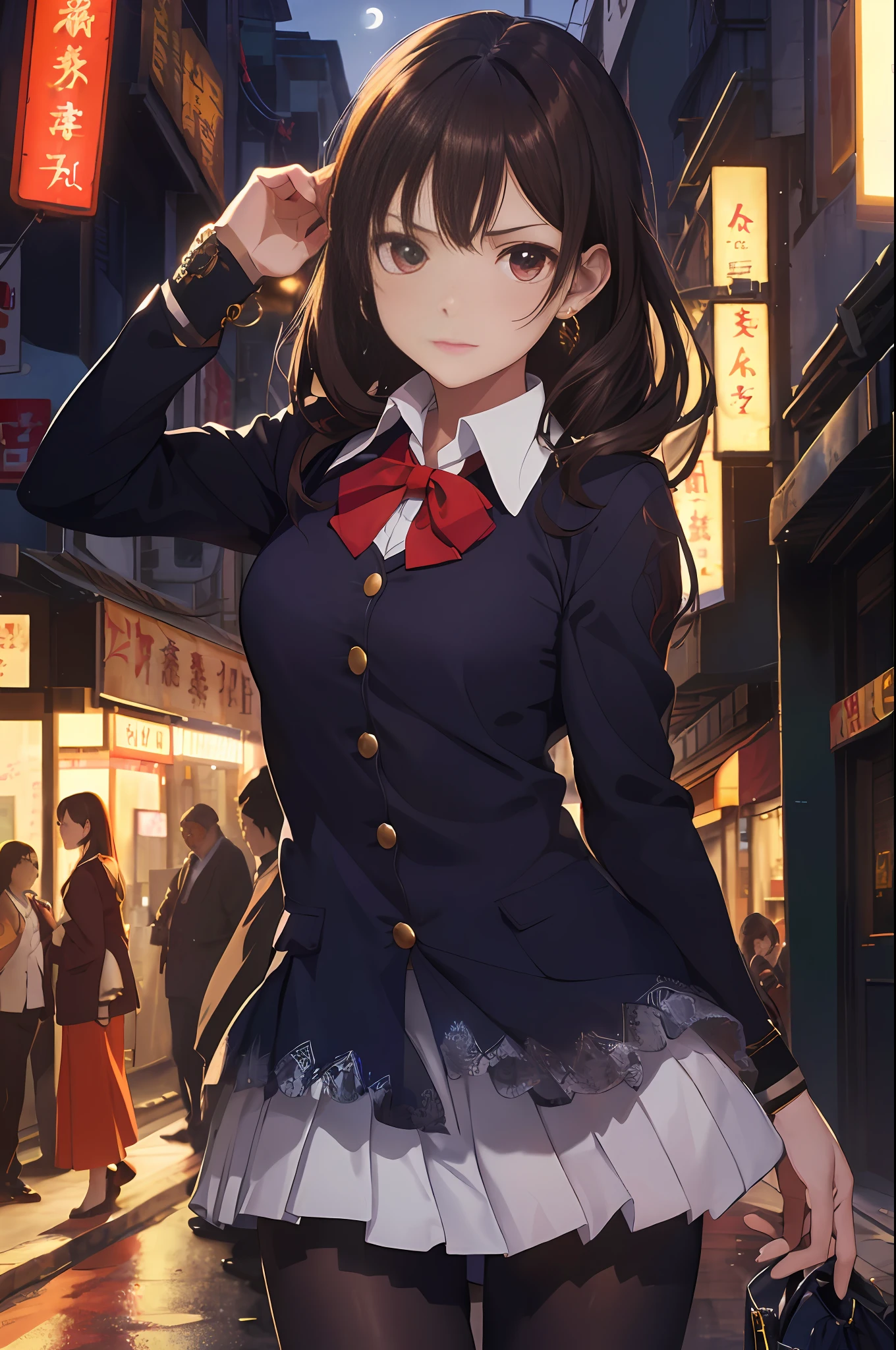(backlit, navel: 1.1, brunet), a beautiful woman in a school uniform on a bustling street of Gintama, surrounded by vendors, beautiful portrait of a goddess, beautiful detail face, porcelain skin, bust shot, centered, ((moonlight, night, edge lighting, duotone lighting, illusory, dim, low-key)),