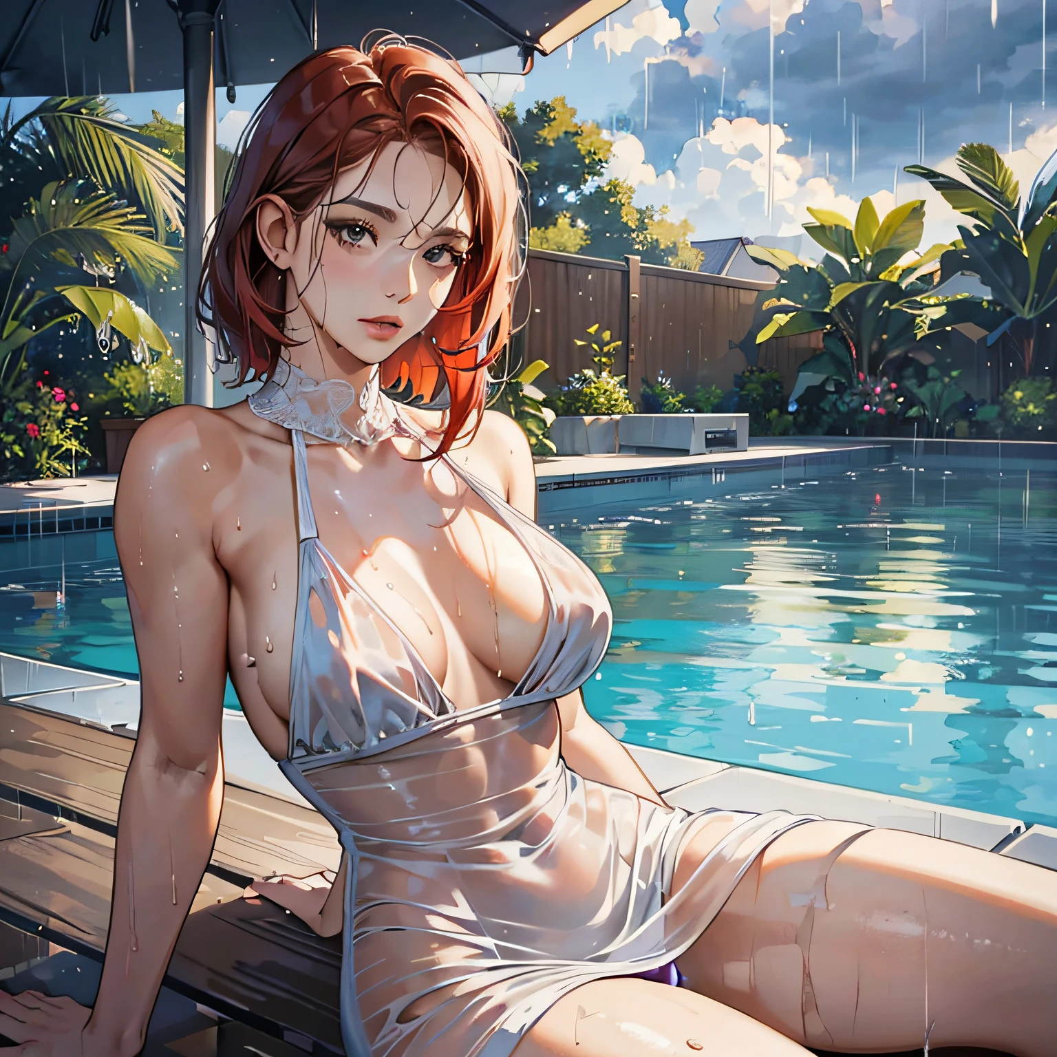 (Best quality, 4k, Masterpiece :1.3), beautiful woman, hyper realistic, 1girl, (droopy breasts, attractive body :1.2), sit-ups :1.1, short red hair: 1.1, (wet rainy, wet by rain, wet body :1.2), ultra-detailed face, detailed lips, detailed eyes, double eyelid, sensual low-necked dress, open neckline, hanging breasts, side pose, visible curves, pool party, poolside,   silver transparent mantle,sunglasses, muscular turned leg --auto --s2